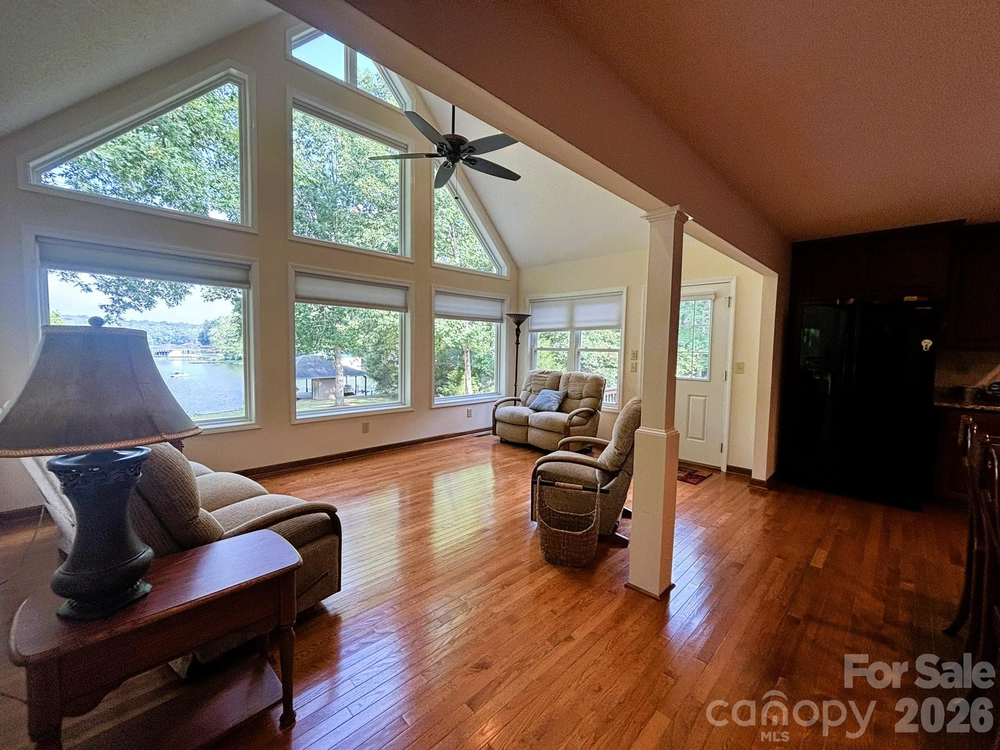 Floor to Ceiling windows facing Lake Tillery, Living Room, - 130 Canoe Court, Mount Gilead