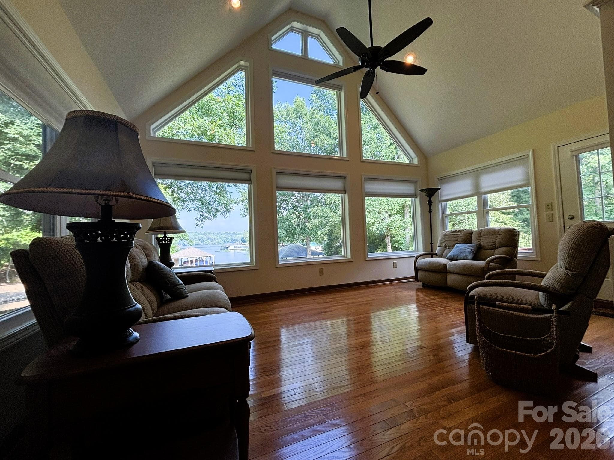 Floor to Ceiling windows facing Lake Tillery, Living Room, - 130 Canoe Court, Mount Gilead