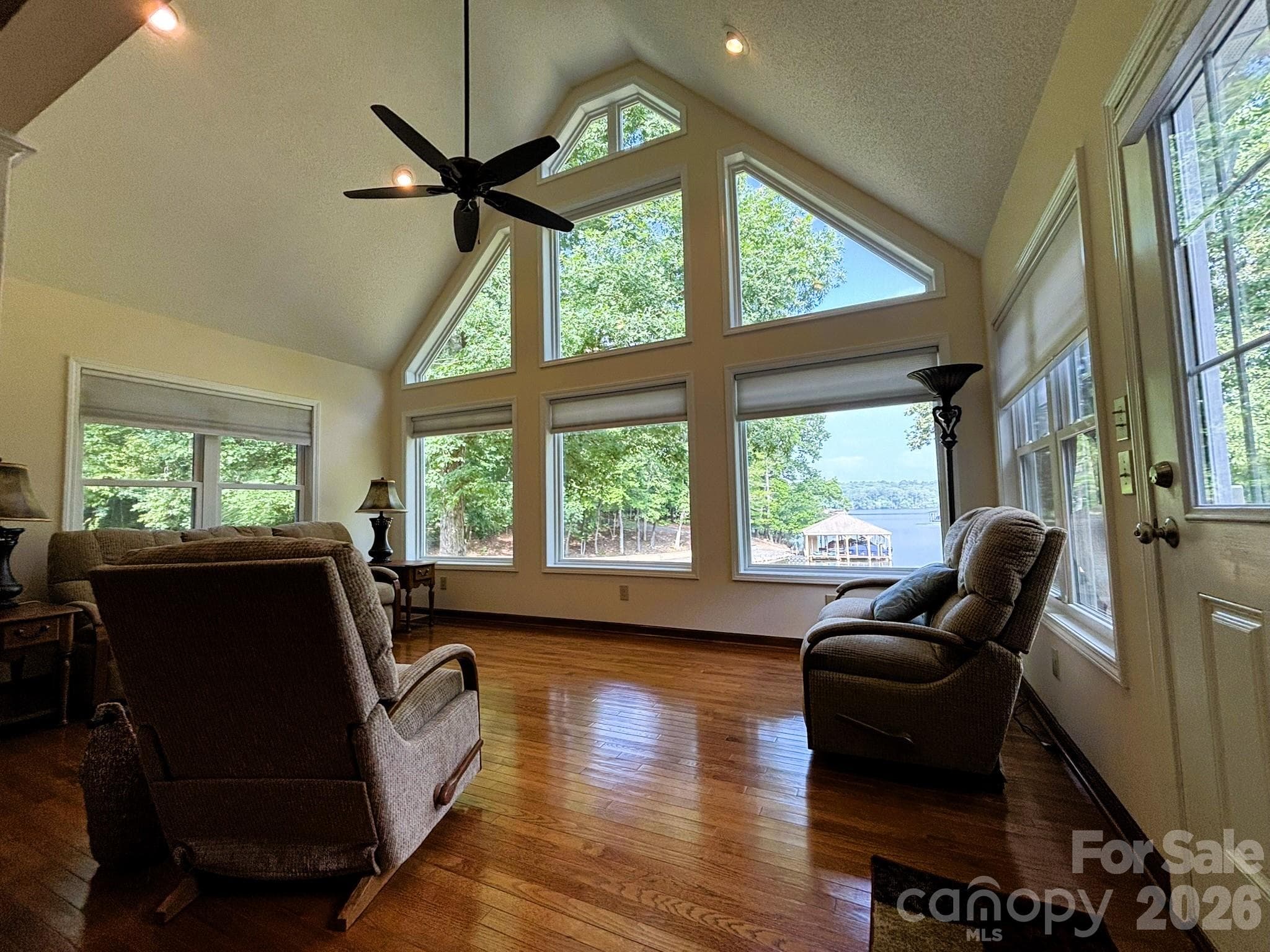 Floor to Ceiling windows facing Lake Tillery, Living Room, - 130 Canoe Court, Mount Gilead