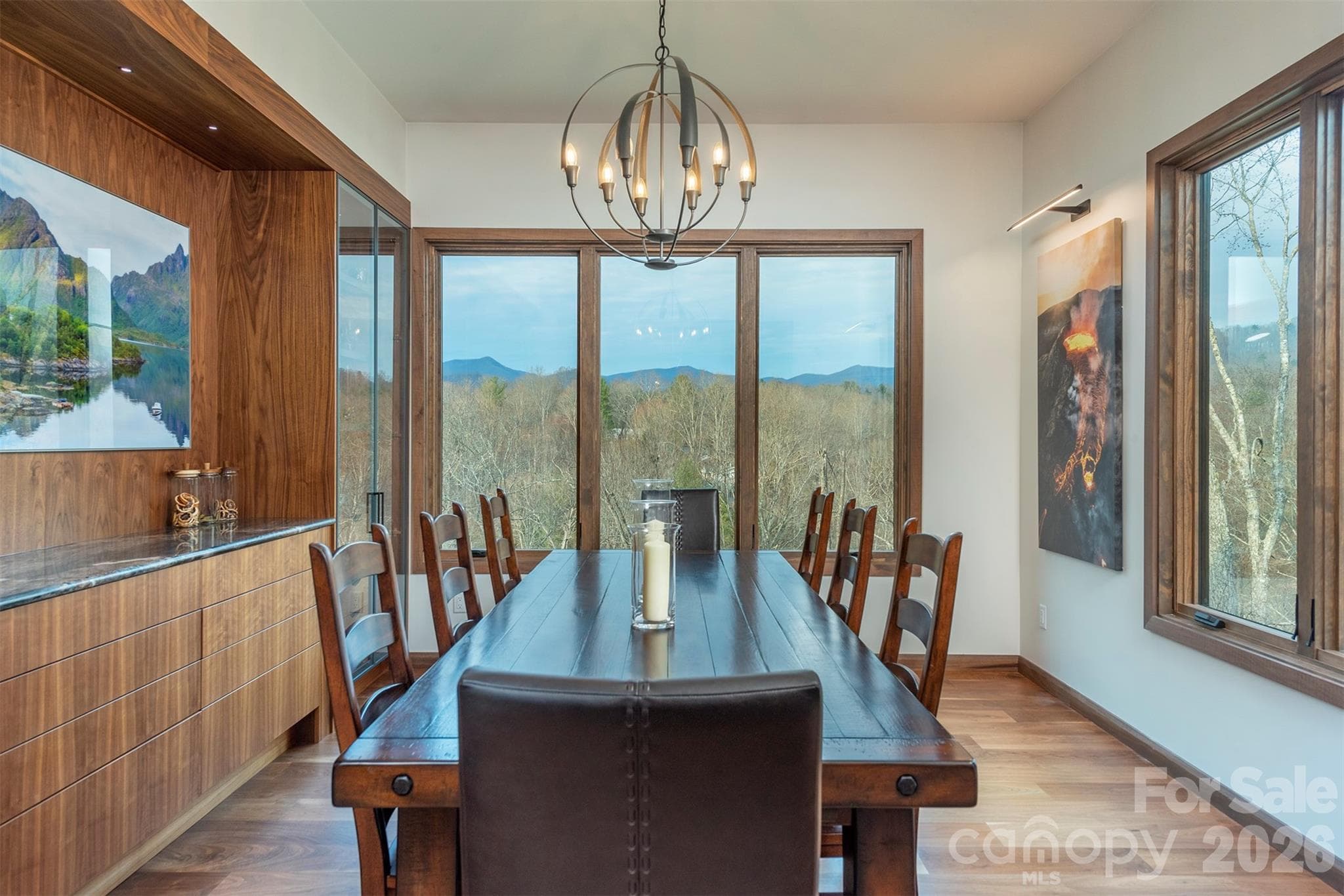 Dining room has custom cabinets that are back lit for beautiful enchancements while dining and enoying mountian views - Asheville