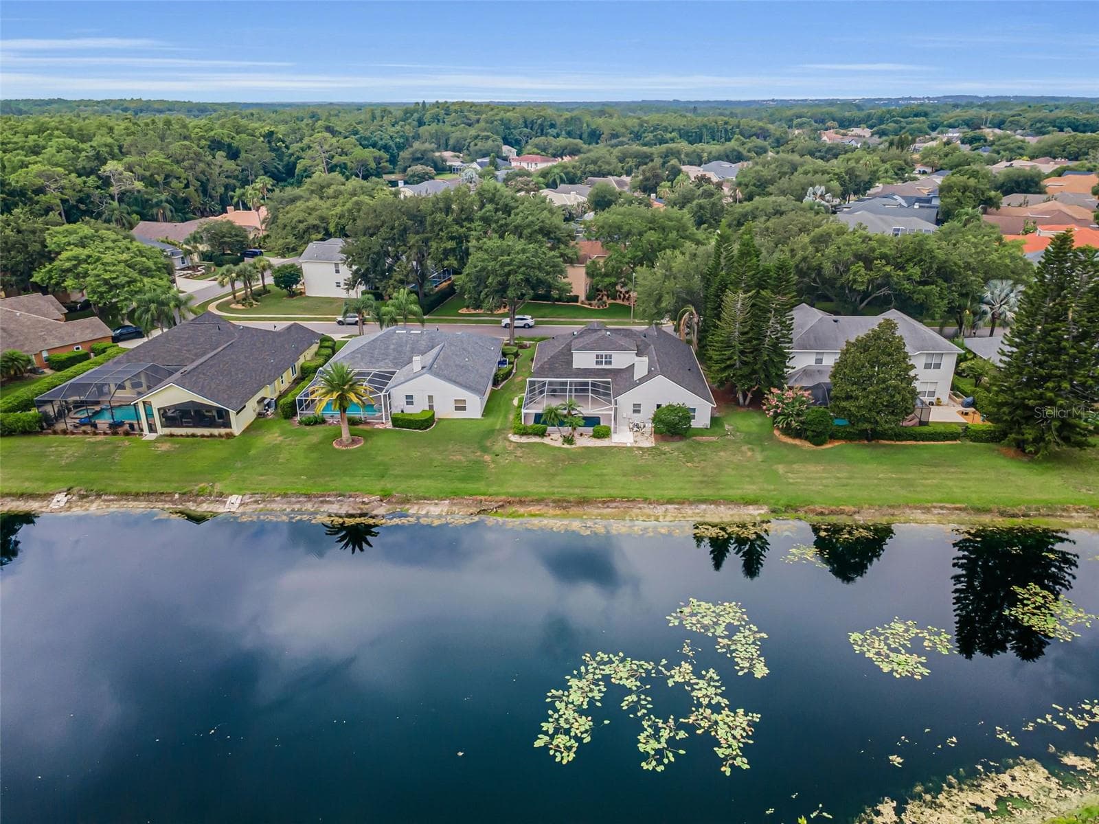 Aerial view of pond and home - 4084 LIGUSTRUM DR, PALM HARBOR
