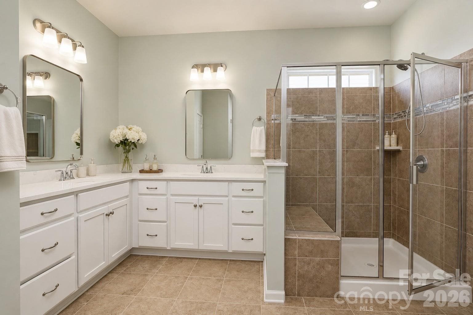 Dual Vanity Sinks with Updated Mirrors and Quartz Countertops - Mount Holly