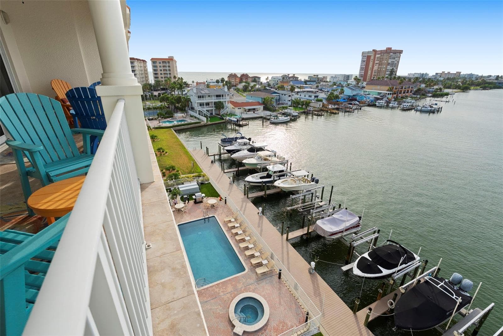 Balcony 6th floor view to building pool/spa and docks boardwalk - 17717 GULF BLVD #604, REDINGTON SHORES