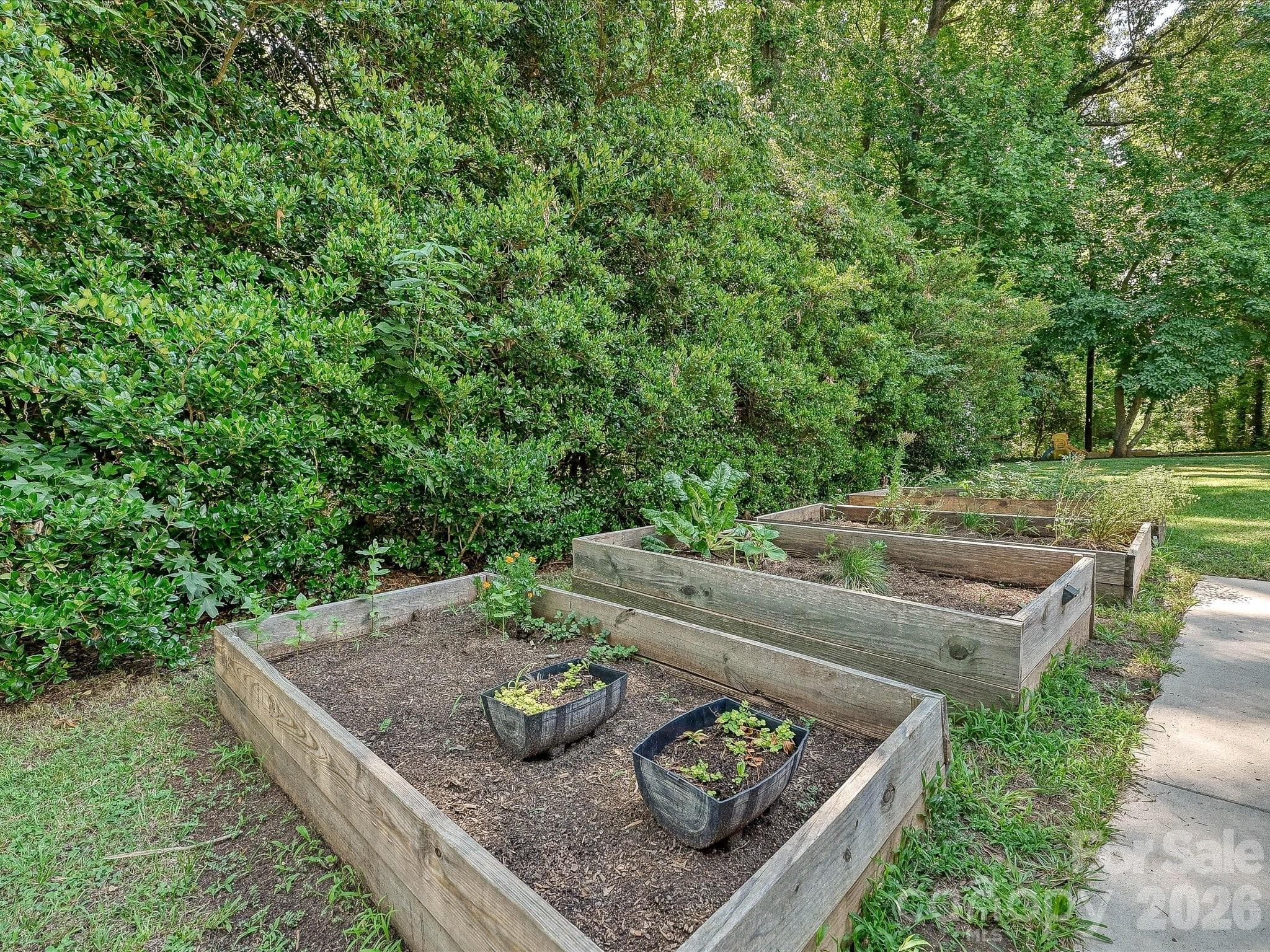 Established raised garden beds offer the perfect opportunity to grow your own vegetables, herbs, or seasonal flowers. - 3514 Kelly Road, Charlotte