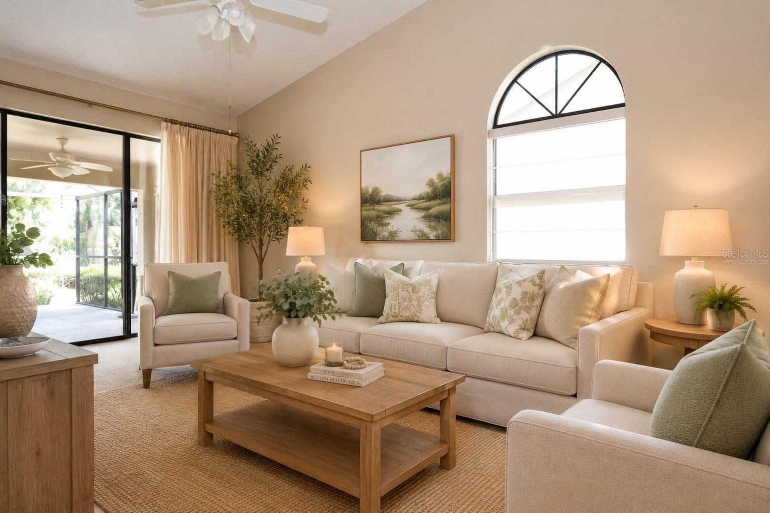 Virtually staged living room - 5565 SALEM SQUARE DR N, PALM HARBOR