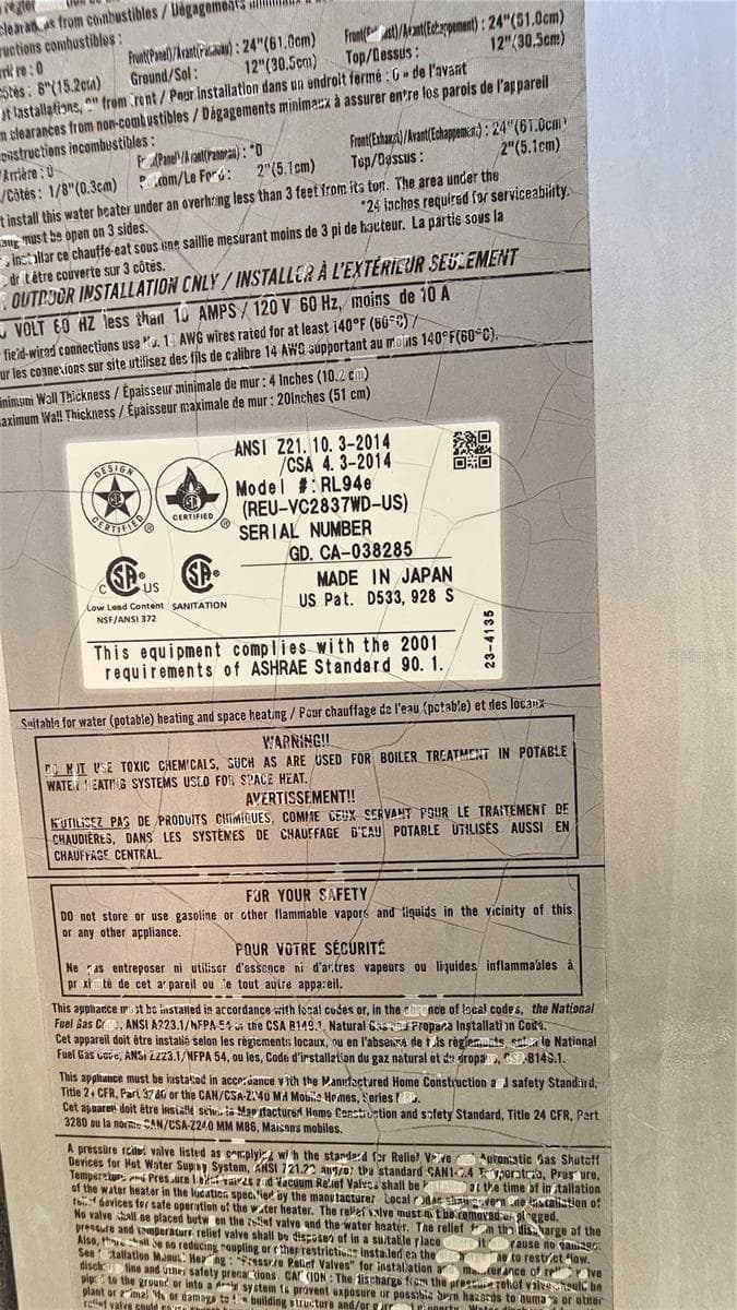 Instant On Tankless Hot Water Heater - specs - 821 N EOLA DR, ORLANDO