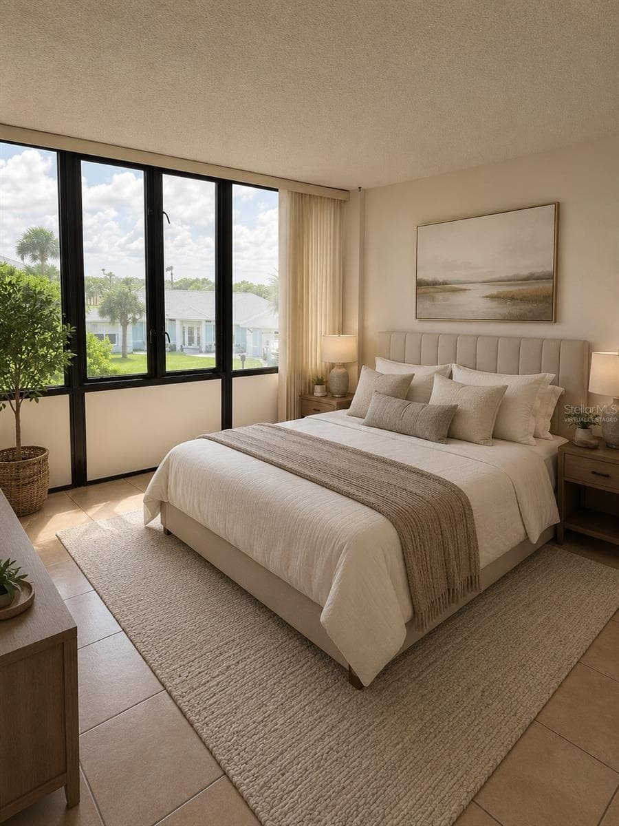 Virtually staged primary bedroom - 3580 S OCEAN SHORE BLVD #101, FLAGLER BEACH