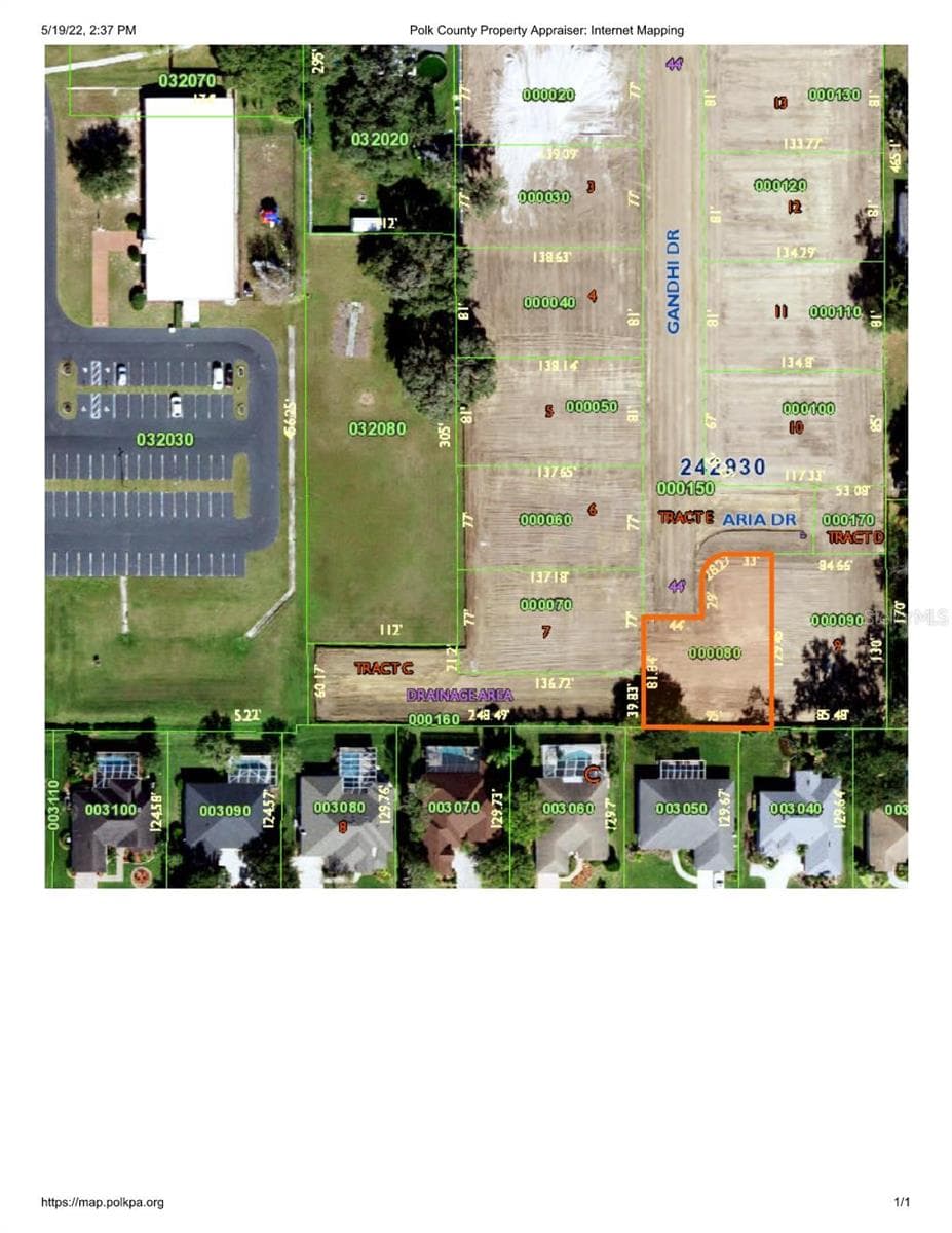 AERIAL VIEW OF LOT 8 WITH DIMENSION - 605 ARIA DR., LAKELAND