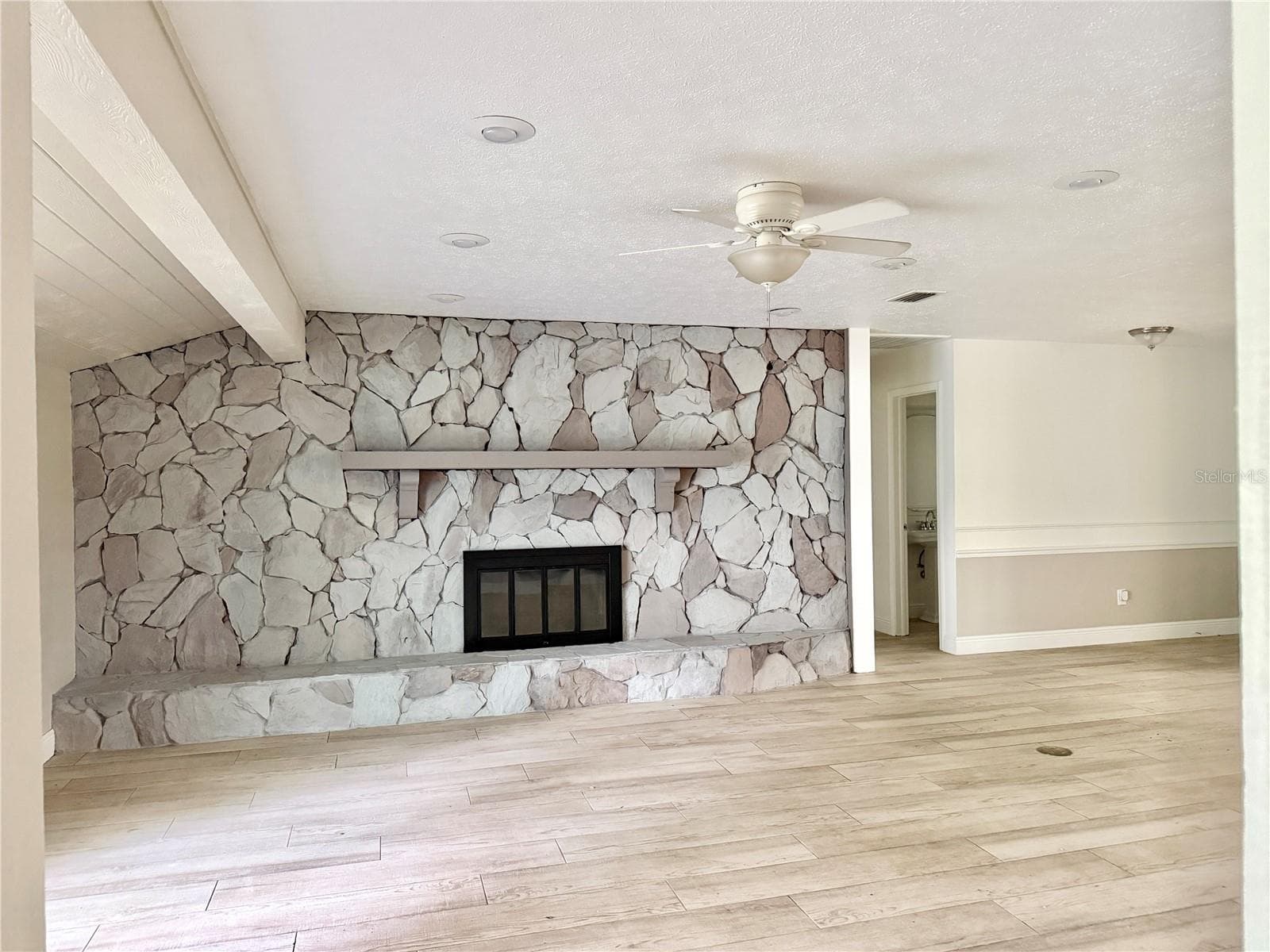 Large Living Room with Fireplace and Sliding Doors to Patio - 9628 DAVIS RD, TAMPA