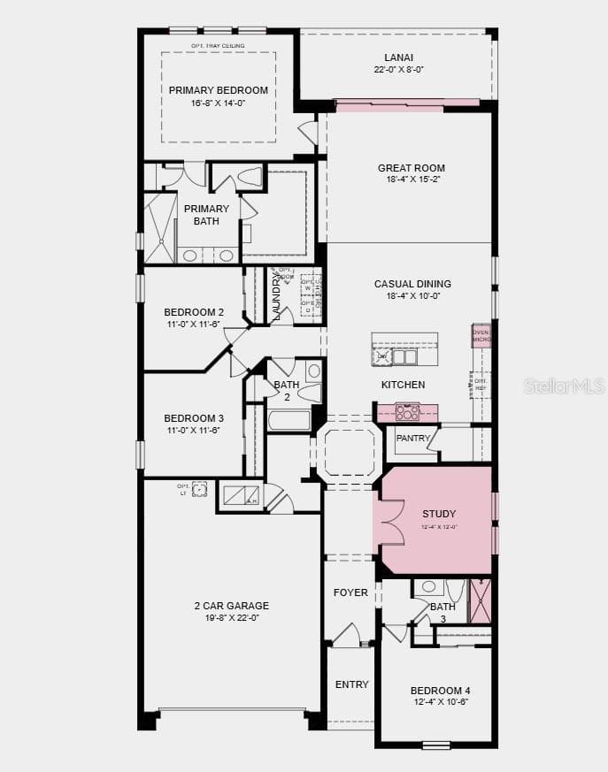 Floor Plan - Additional Highlights Include: pocket sliding glass door in great room, shower in place of tub in bathroom 3, French doors into the study, refrigerator, and pre-plumb for laundry sink - 25 GEOSAM DR, PALM COAST