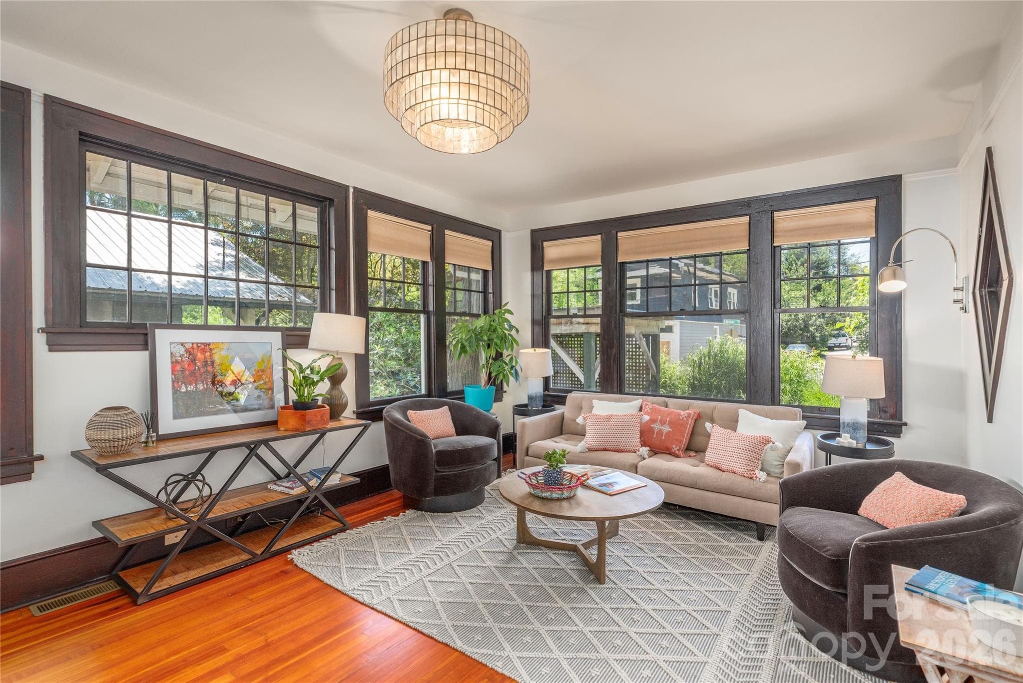 Spacious living room with heart pine floors - 302 Hillside Street, Asheville