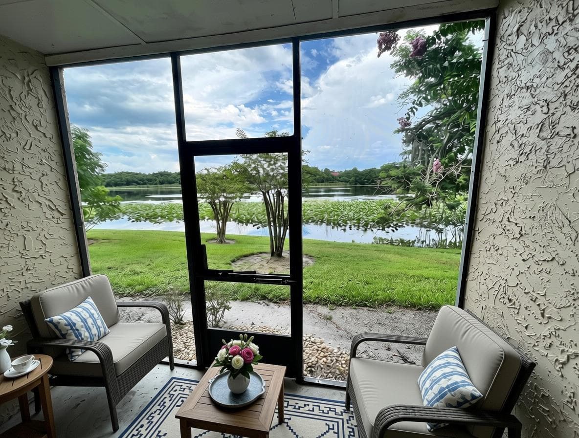 Virtually staged screened-in back porch with soothing water views to Lake Pearl - 145 N PEARL LAKE CSWY #112, ALTAMONTE SPRINGS