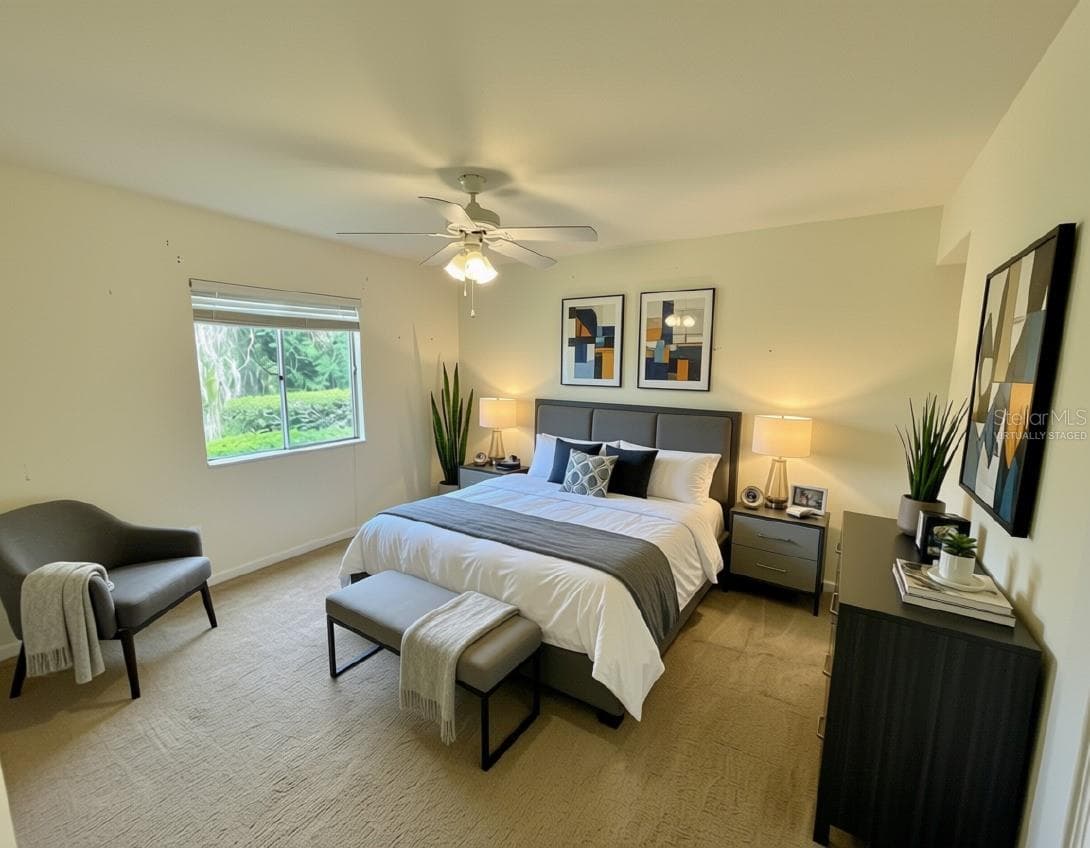 Virtually staged primary suite with en suite bathoom and walk-in closet.. Lake views! - 145 N PEARL LAKE CSWY #112, ALTAMONTE SPRINGS