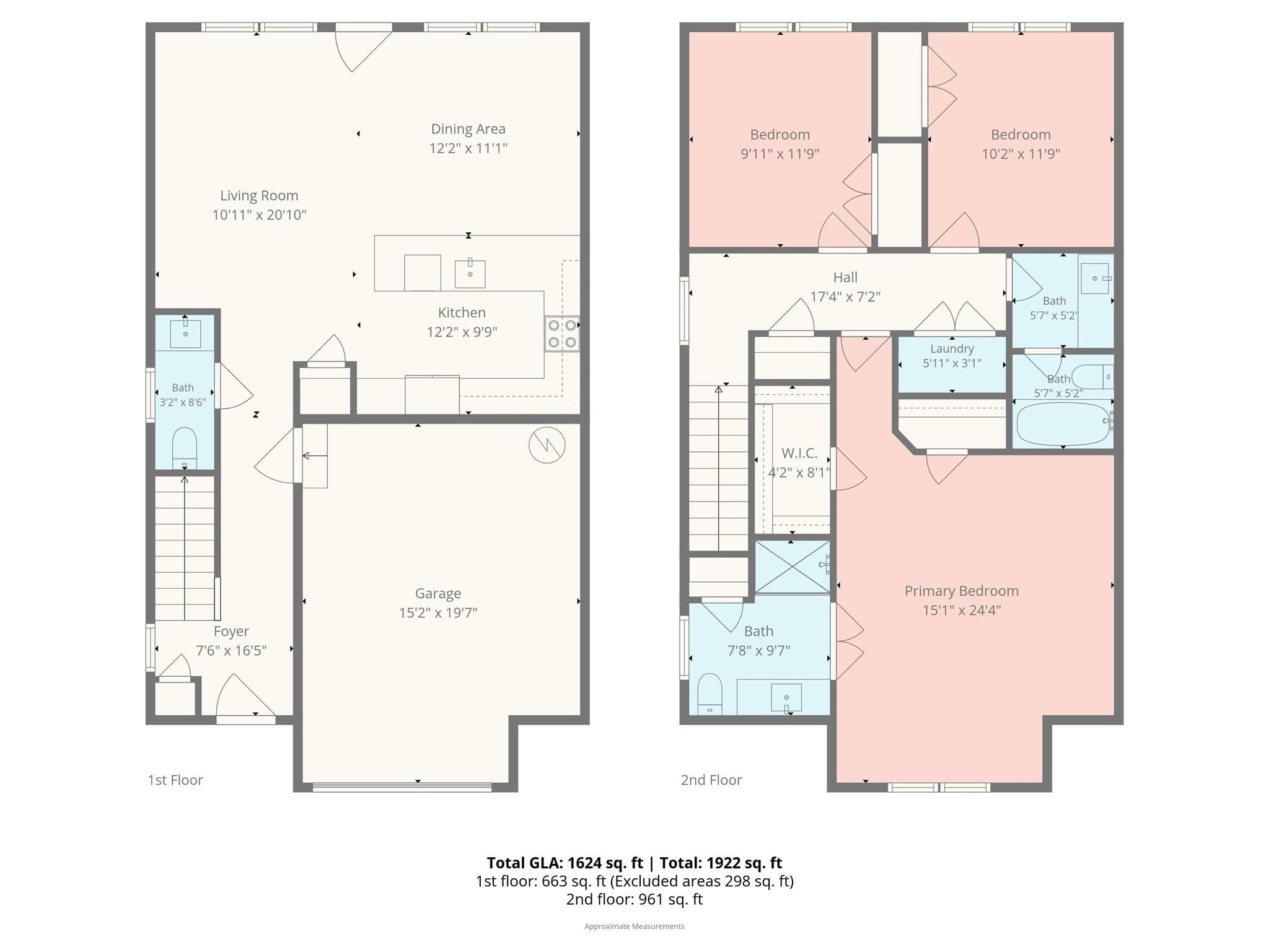 Floor plan for this 3-bedroom, 2.5-bath duet with about 1,624 heated sq ft (layout is a mirror image of the side shown) - 1940 Purser Drive, Charlotte