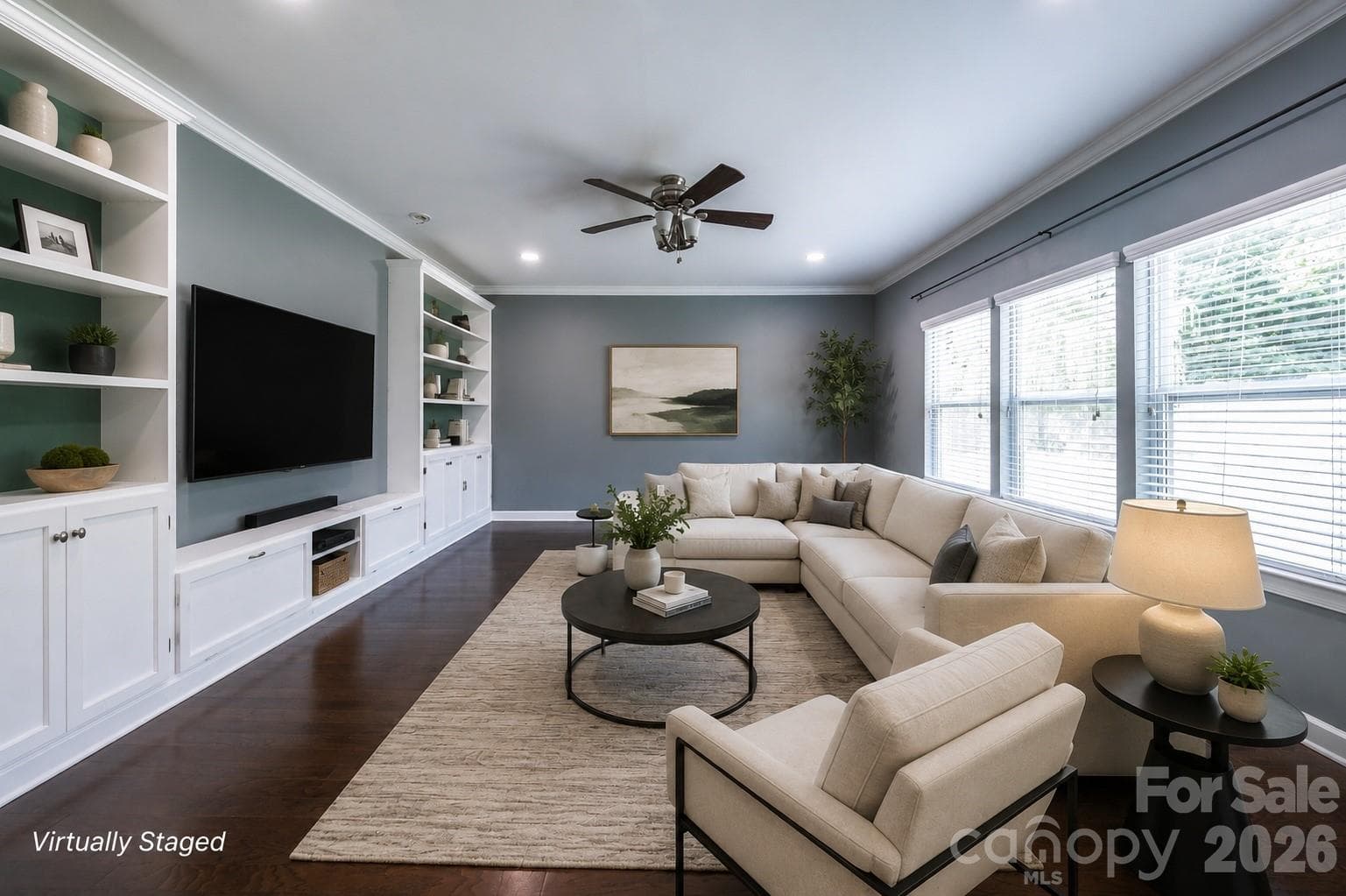 Great Room with Built In Cabinets - Virtually Staged - 2134 Gillette Drive, Clover