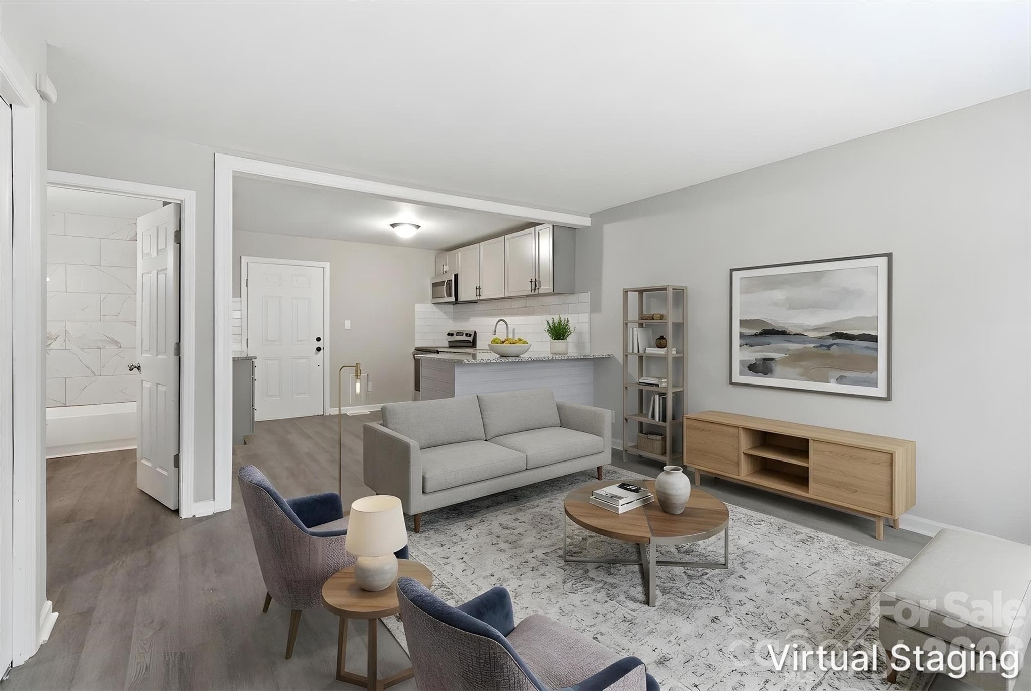 Immediately opening the front door & walking into the living room (virtually staged & enhanced). - Charlotte