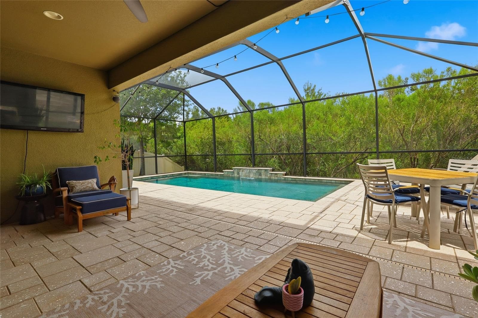 Covered lanai overlooking a stunning pool with a waterfall - 27035 CAROLINA ASTER DR, WESLEY CHAPEL