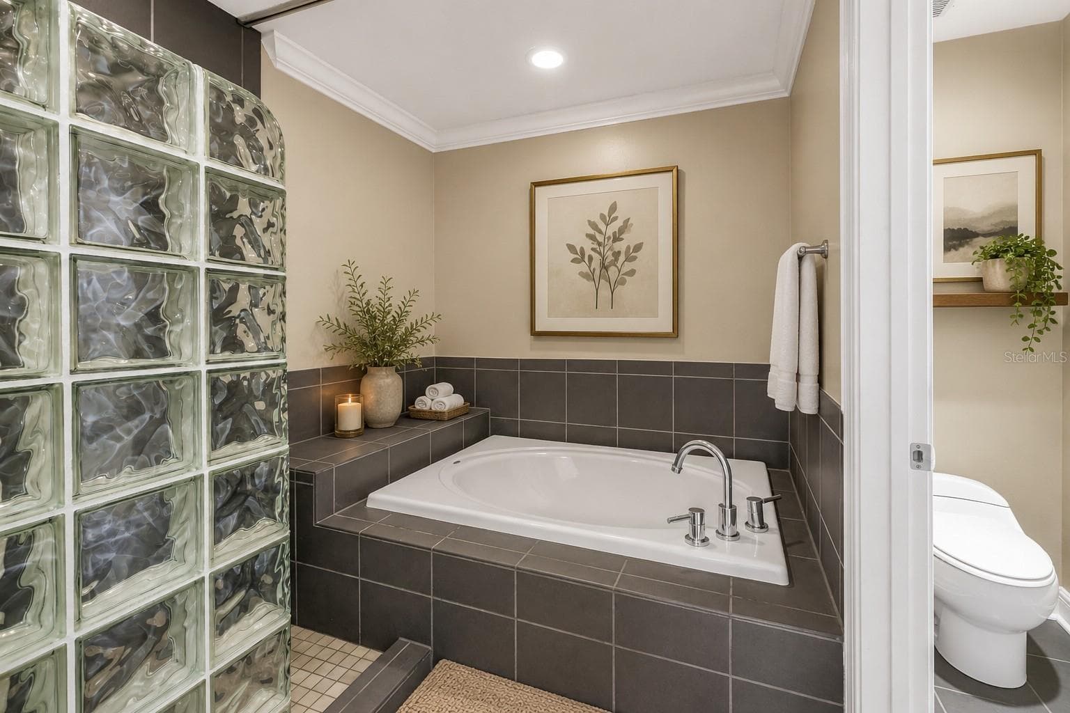 Main bathroom with deep tub, private water closet and cool glass tile shower - 409 BARCELONA DR, ST PETERSBURG