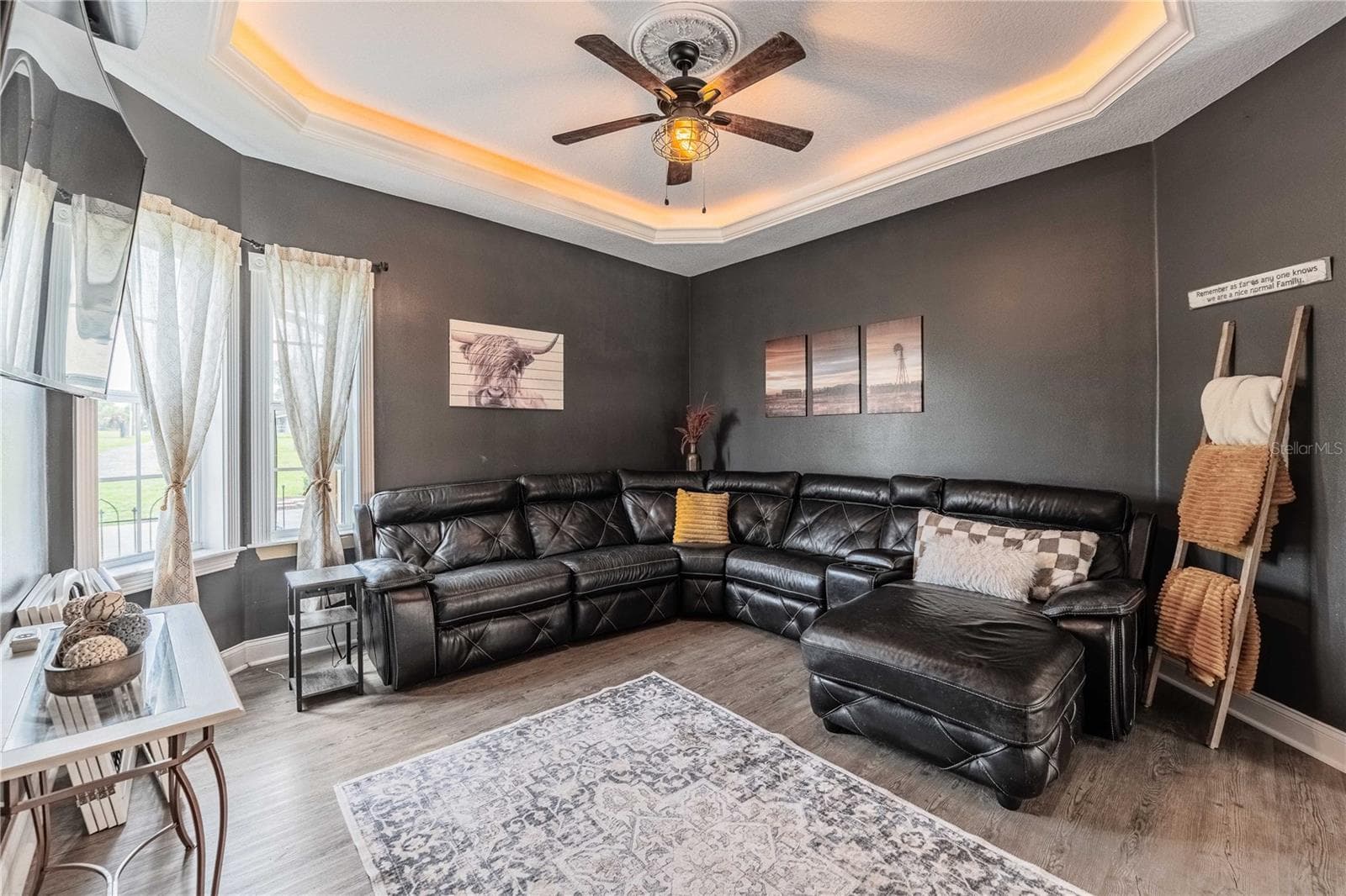 Dining Room with lighted tray ceiling and a view of the front yard. Dining Room is being used as an additional TV room. - 4280 TURNER RD, MULBERRY