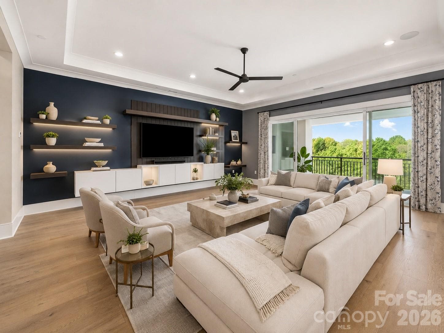 Virtually staged living room adjoining wrap around lanai - 19329 Watermark Drive, Cornelius
