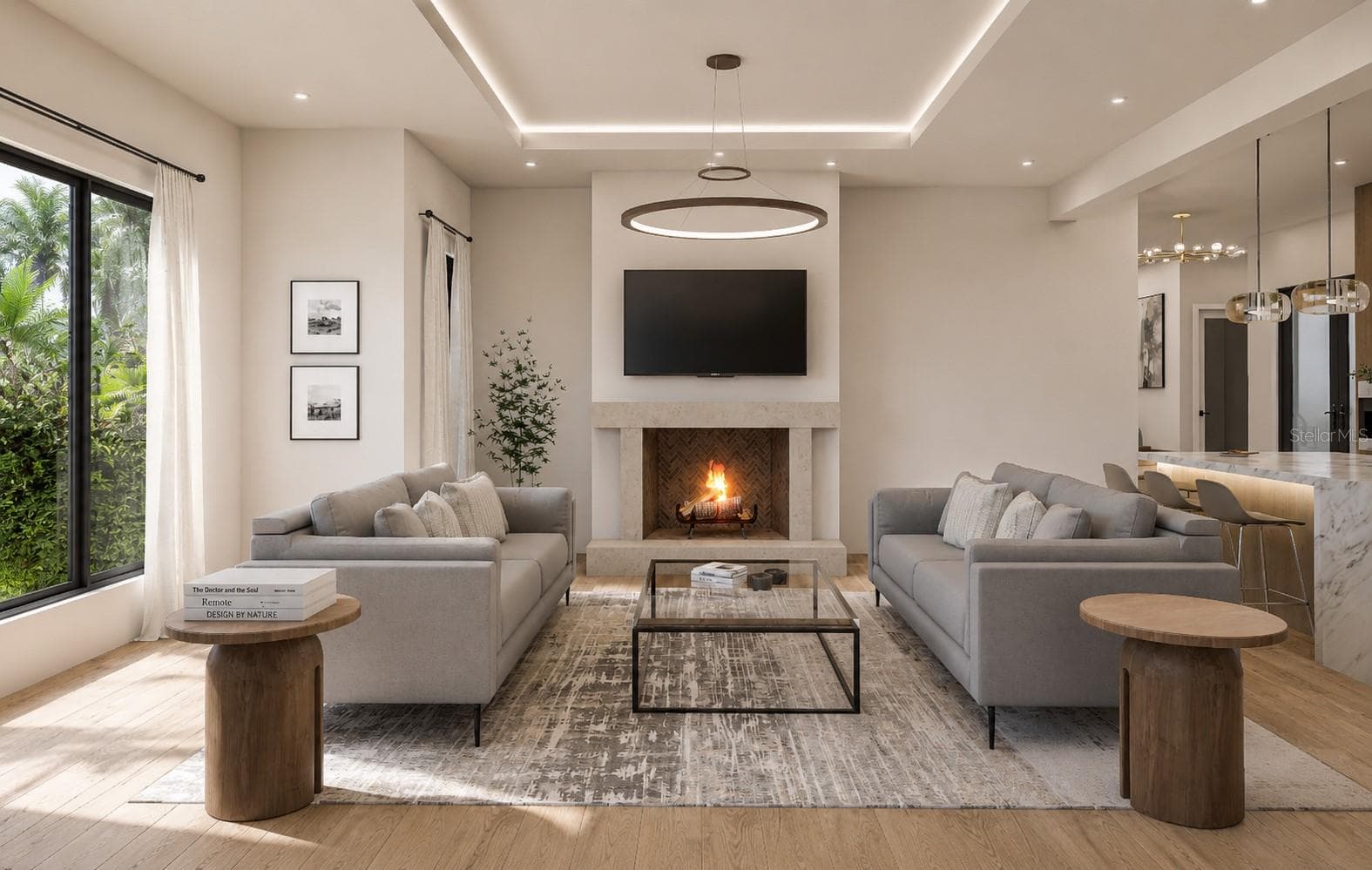Grand family room with gas fireplace insert and custom accents throughout - 3406 BAYSHORE BLVD NE, ST PETERSBURG