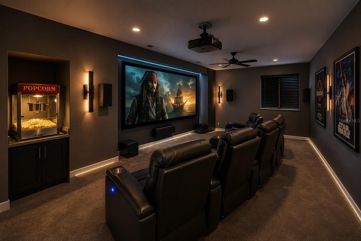 Virtual reality conversion of 4th bedroom into home theater. - 2024 LARKSPUR CT, TRINITY