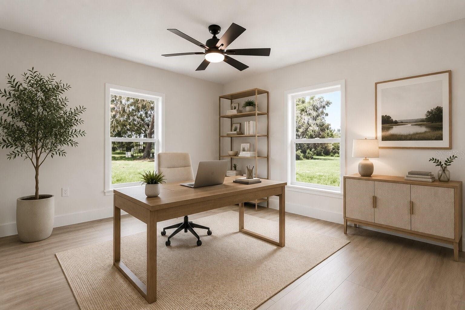Virtually staged fourth bedroom, thoughtfully designed as a stylish home office, showcasing its versatility and functional layout. - 39251 COUNTY ROAD 439, UMATILLA