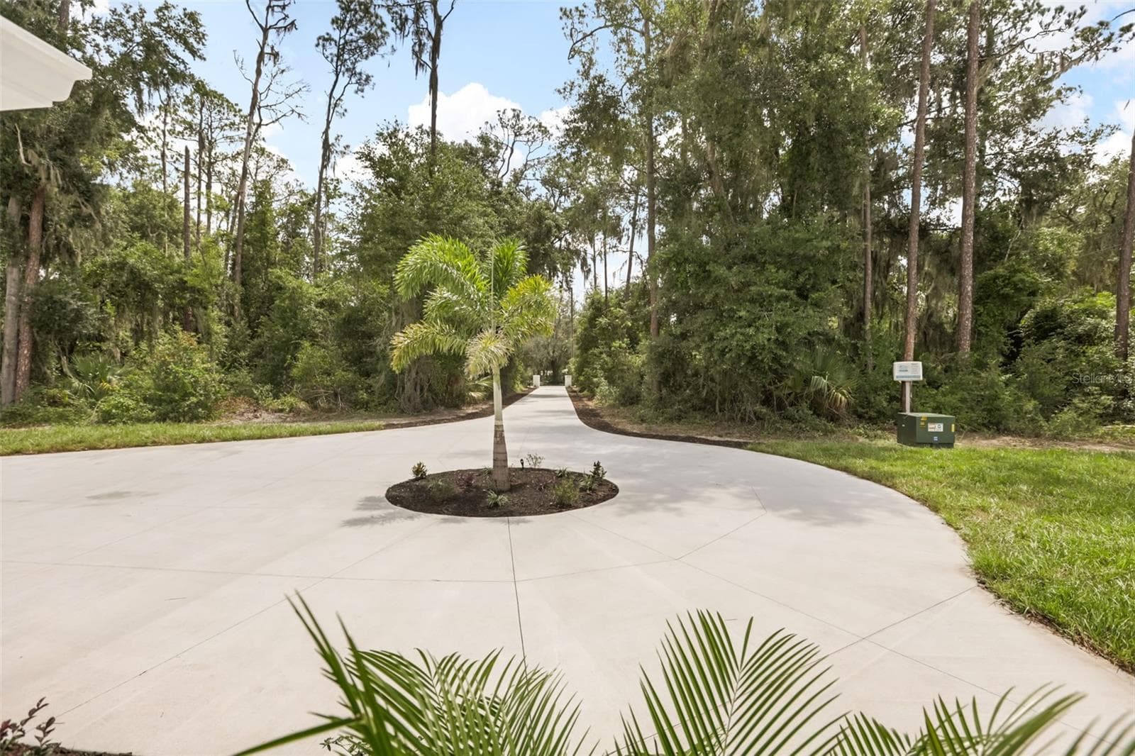 Beautiful circular driveway featuring a landscaped center island and a private tree-lined entrance. - 39251 COUNTY ROAD 439, UMATILLA
