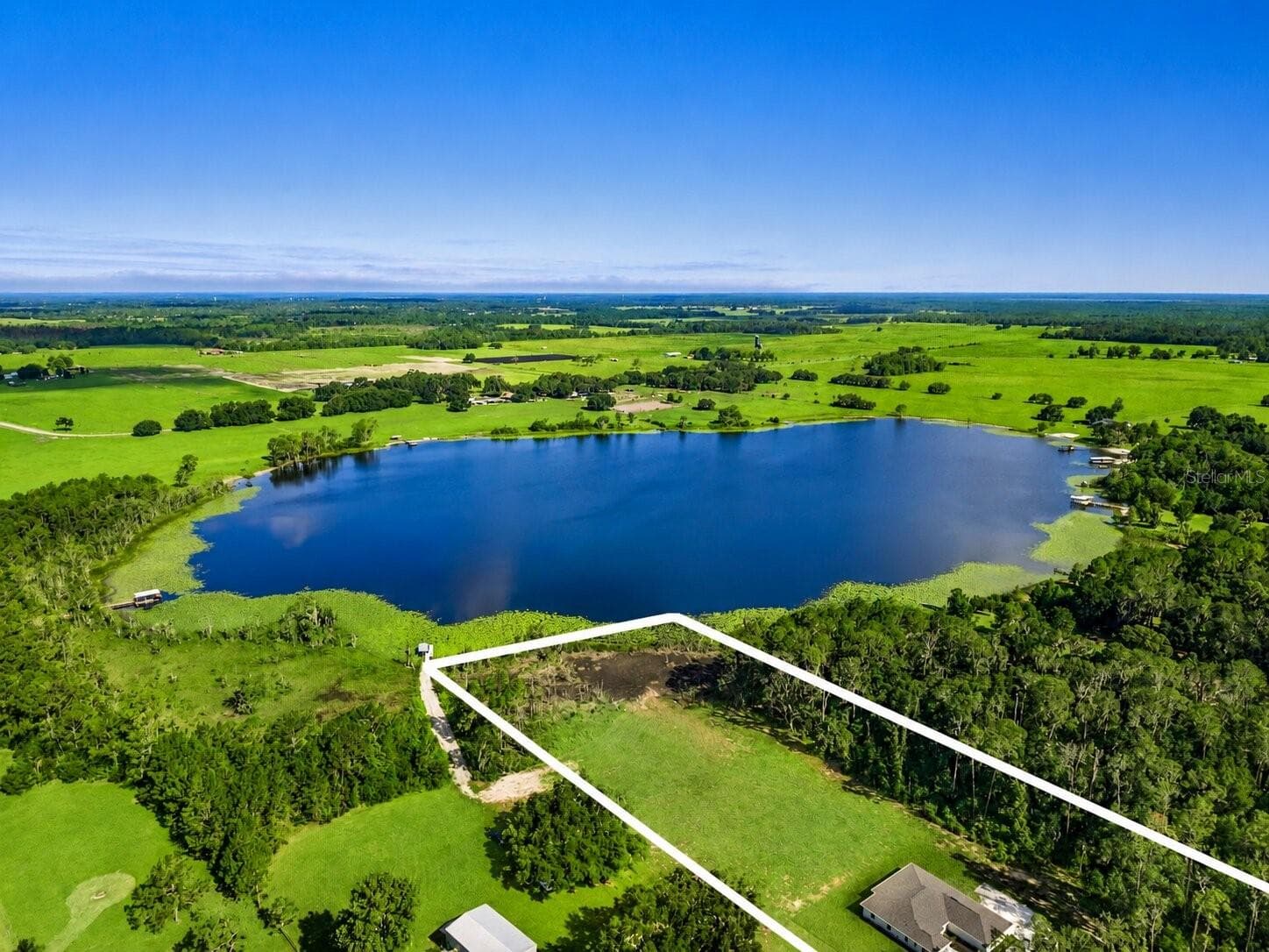 Aerial view highlighting the property's proximity to the lake, with the parcel boundaries shown for reference. - 39251 COUNTY ROAD 439, UMATILLA