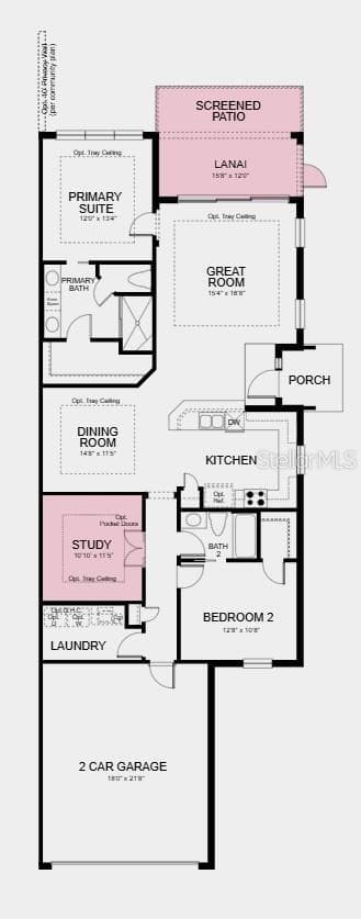Floor Plan ~ Additional Highlights Include: Whole house impact windows, tray ceiling pkg, double pocket doors at study, 8' interior doors, garden fence, pre-plumb for laundry sink, cushion close doors and drawers, and extended flooring to primary suite and closet. - 3209 TORTA CT, BRADENTON