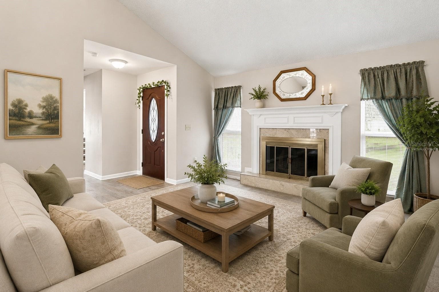 Virtually Staged - Living room with cozy fireplace - 7316 HIGHLAND GROVE DR, LAKELAND