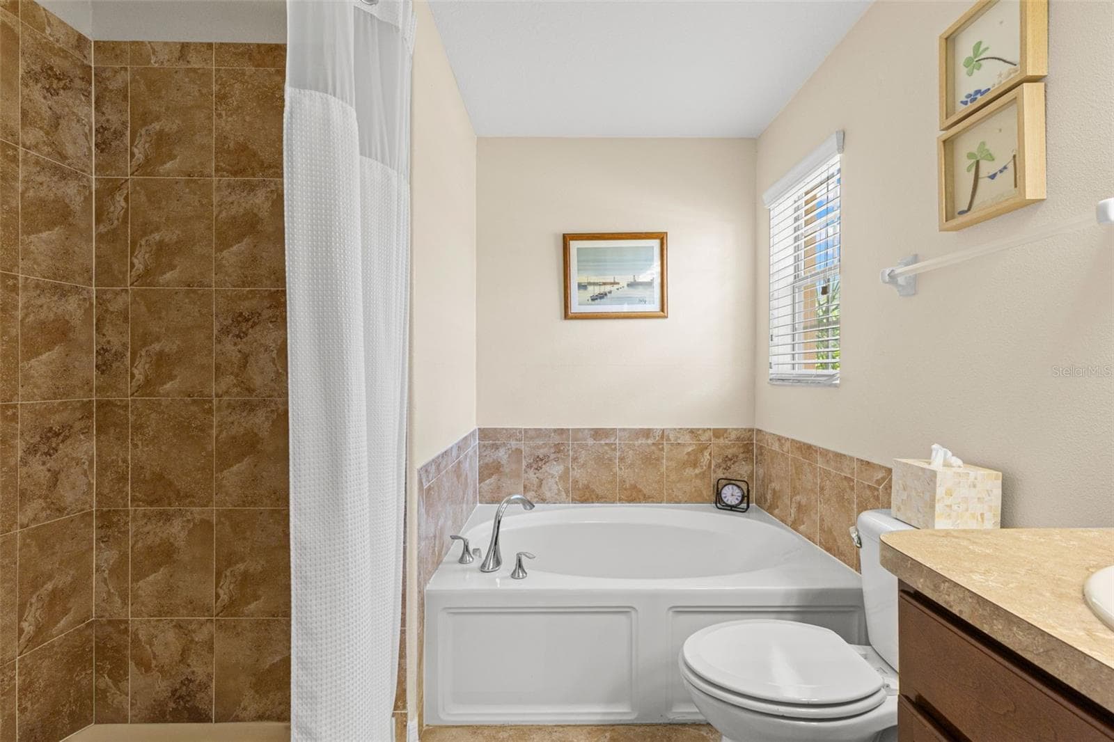 A deep soaking tub sits beside the separate tiled shower, with a window bringing natural light into the primary bath. - 9524 TRUMPET VINE LOOP, NEW PORT RICHEY