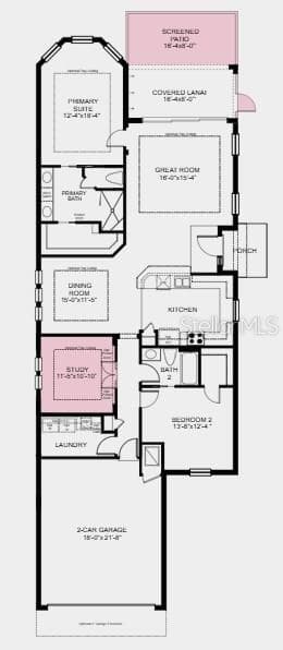 Floor Plan ~ Additional Highlights Include: Tray ceiling package, 4' garage extension, double pocket doors at study, extended screened patio, pre-plumb sink at laundry, outdoor kitchen rough-in, whole house impact windows, and garage floor seal with flakes and clear coat. - 14525 DERNA TER, BRADENTON