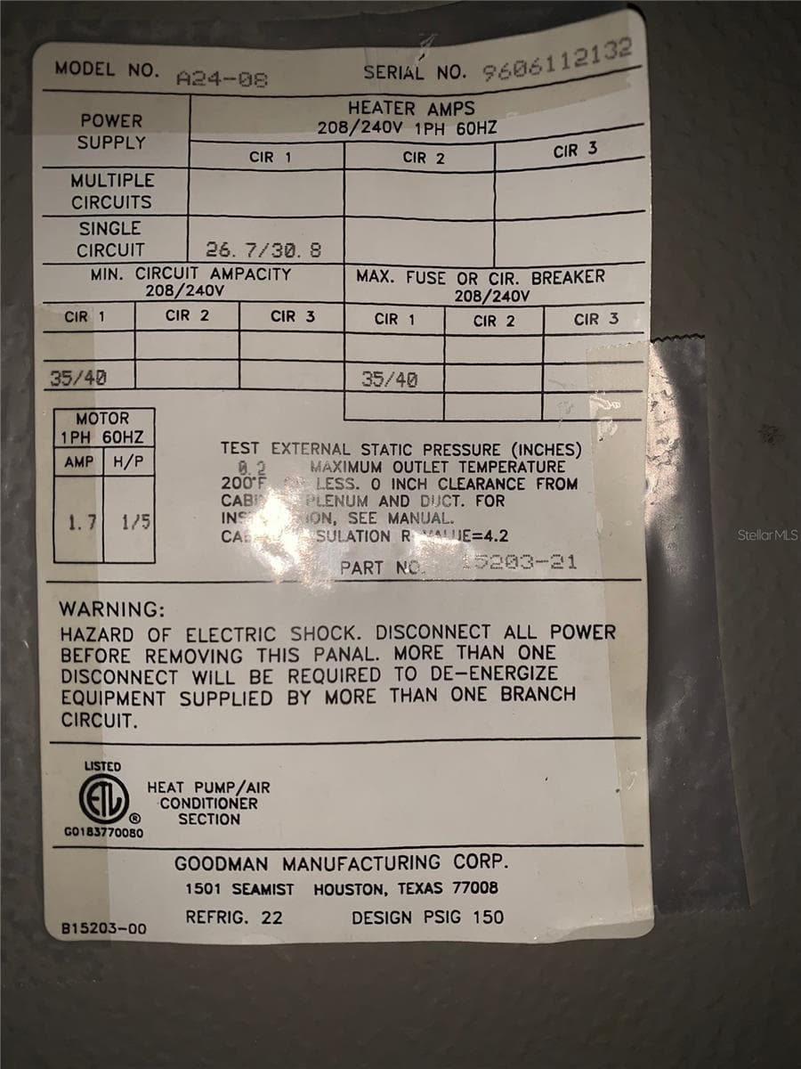 AC label - 8126 112TH ST #203, SEMINOLE