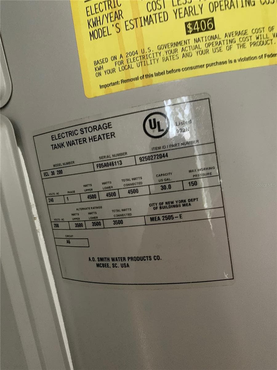 Water heater label - 8126 112TH ST #203, SEMINOLE