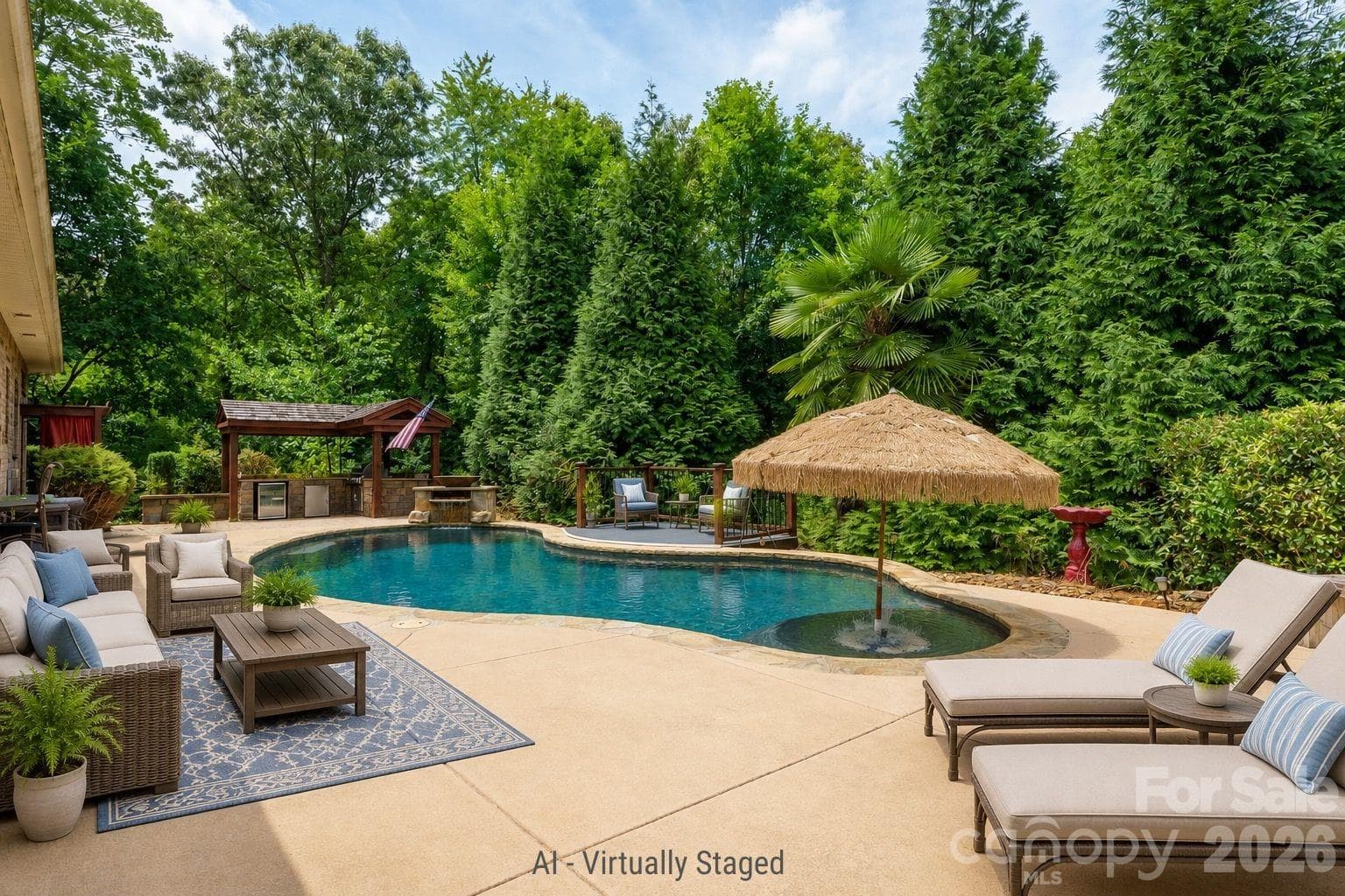 backyard patio and pool - virtually staged - 589 Shepherd Road, Troutman