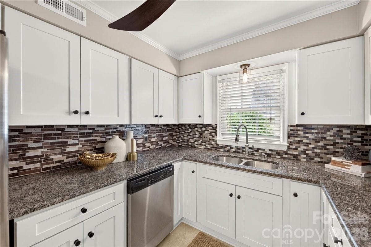 Updated kitchen with new cabinets, granite countertops, tile backsplash and SS appliances - 1700 Roxborough Road, Charlotte