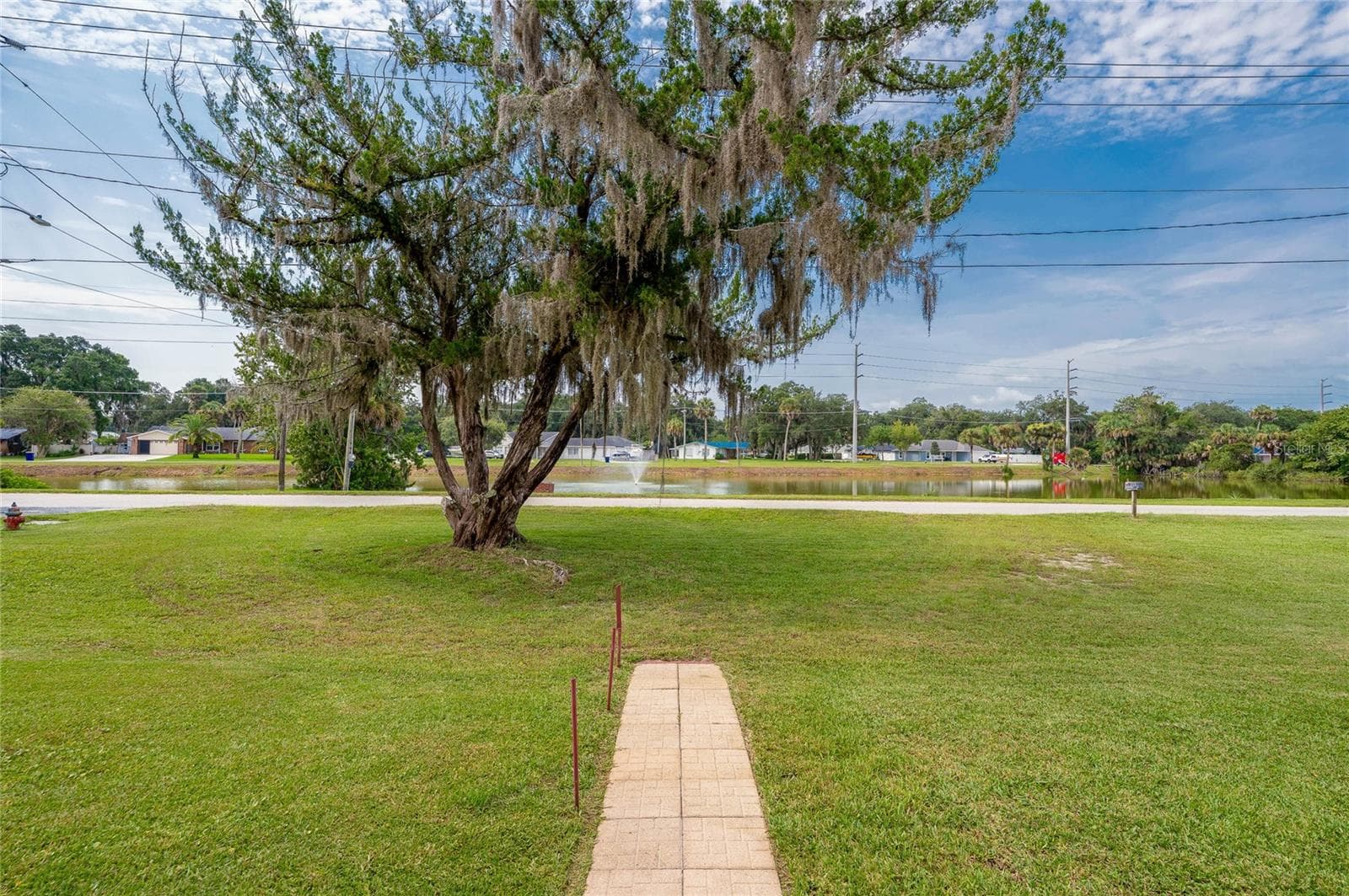 Scenic front lawn view featuring a paved entryway path leading toward a large shade tree and a neighborhood lake with a water fountain. - 1101 16TH ST, EDGEWATER