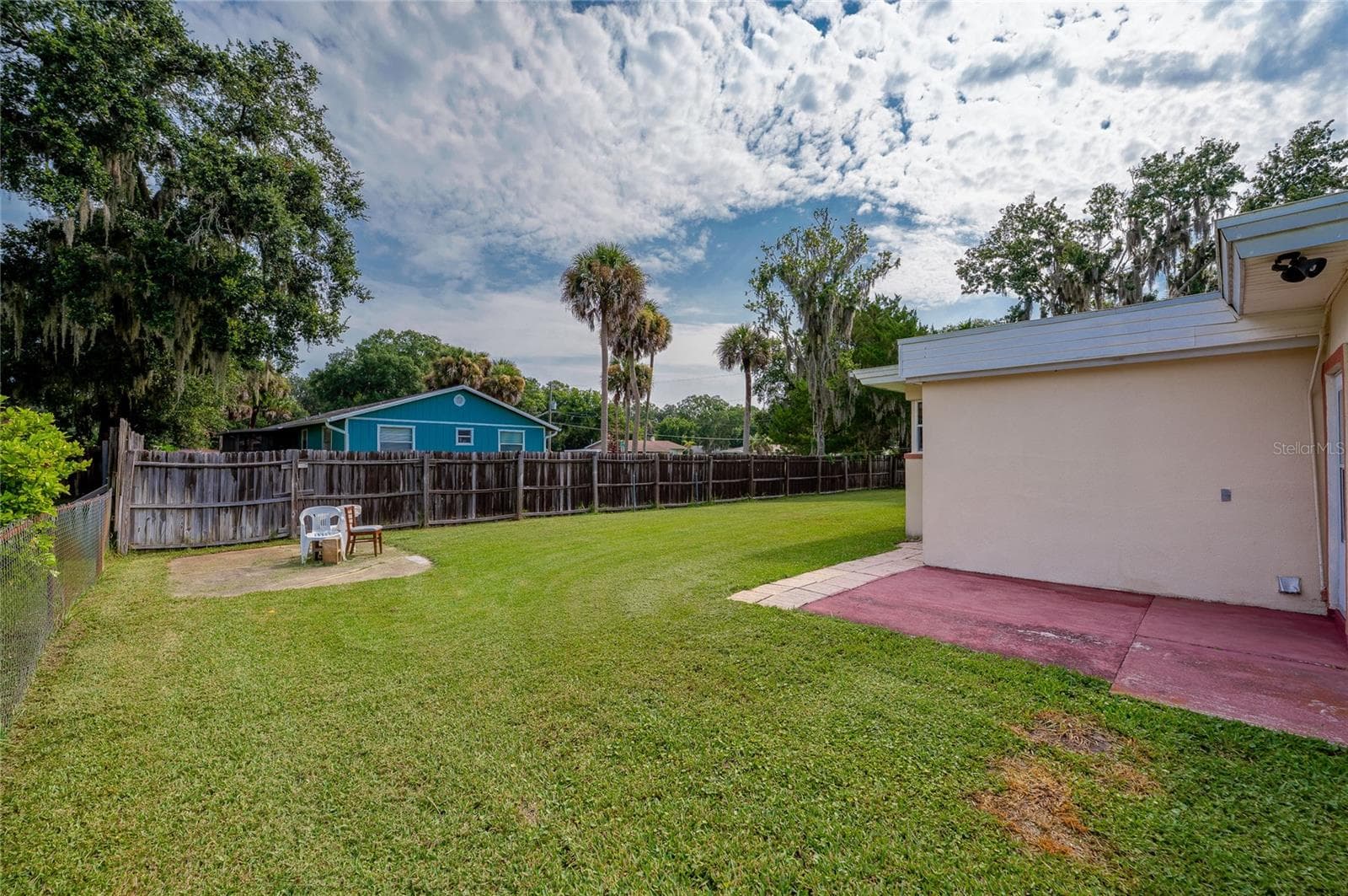 Spacious green backyard with mature trees, and a small concrete patio slab along the home's rear exterior. - 1101 16TH ST, EDGEWATER