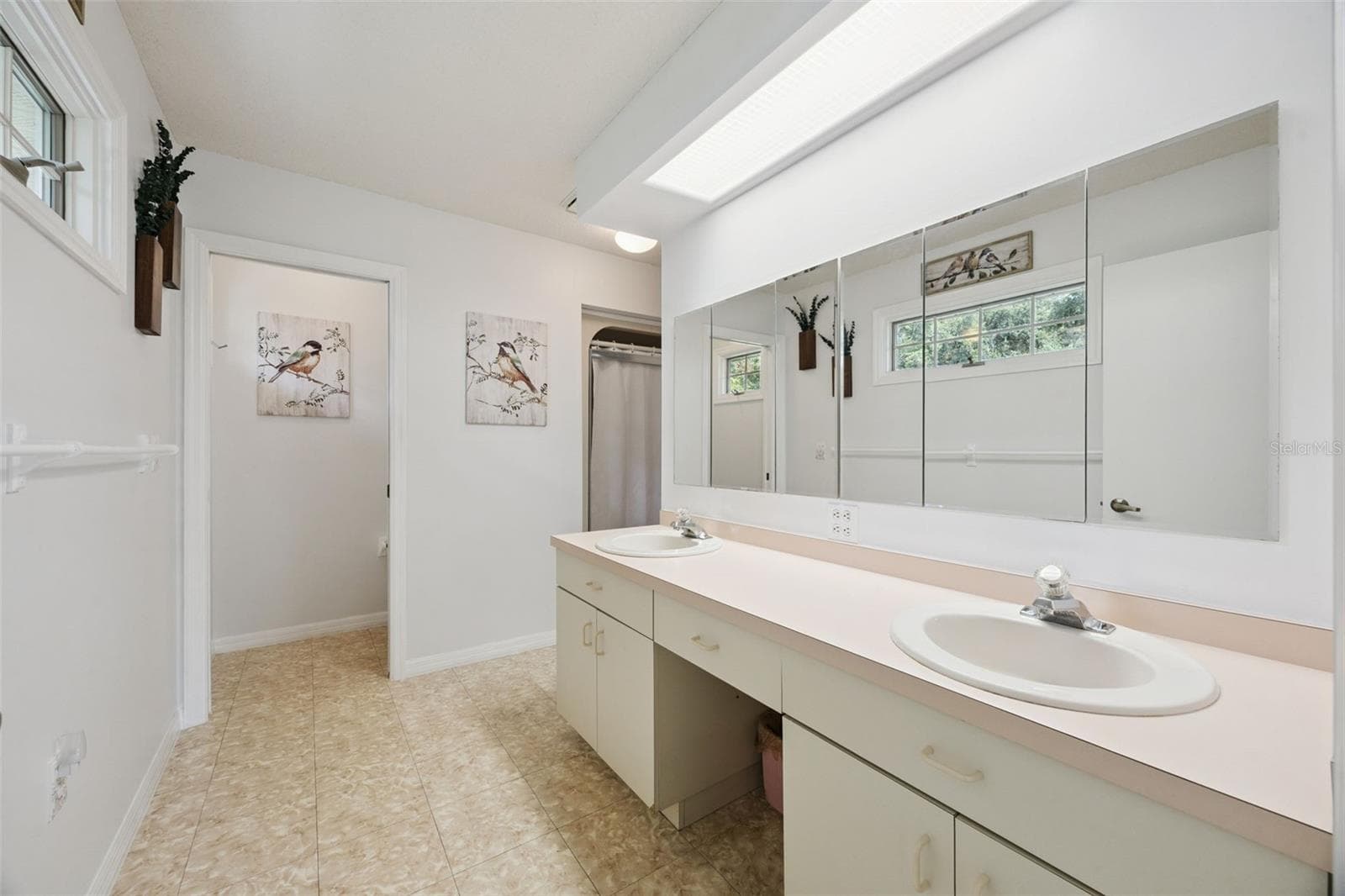 Primary bathroom with dual sinks, skylight, large vanity mirror, and walk-in shower (no tub) at 480 Lake Forest Cir, Mount Dora, FL 32757 - 480 LAKE FOREST CIR, MOUNT DORA
