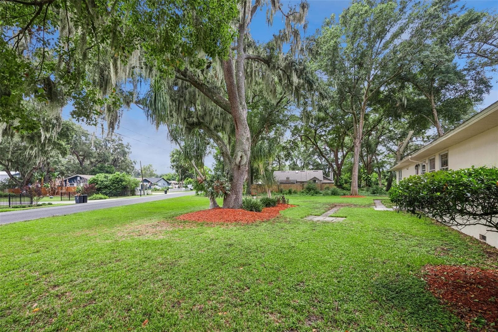 Expansive backyard with towering live oaks and Spanish moss on this 0.46-acre (20,209 sq ft) lot at 480 Lake Forest Cir, Mount Dora, FL - 480 LAKE FOREST CIR, MOUNT DORA
