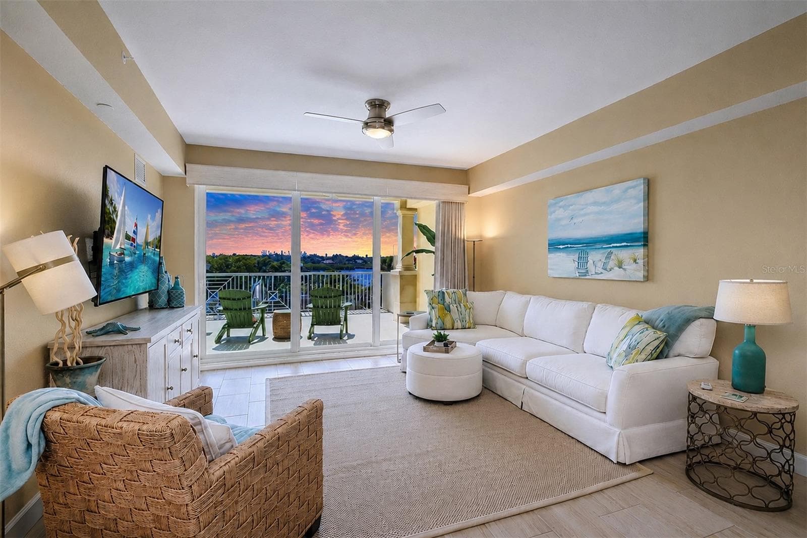 ... LIVING ROOM VIEW.. Beautiful twilight Sunset Skies at the Dolphin Key.. Residence 202 enjoys a rare 30' x 20' Extended Balcony... 3 Bedroom 2 Bath with 1560 Sq Feet.. - 19519 GULF BLVD #202, INDIAN SHORES