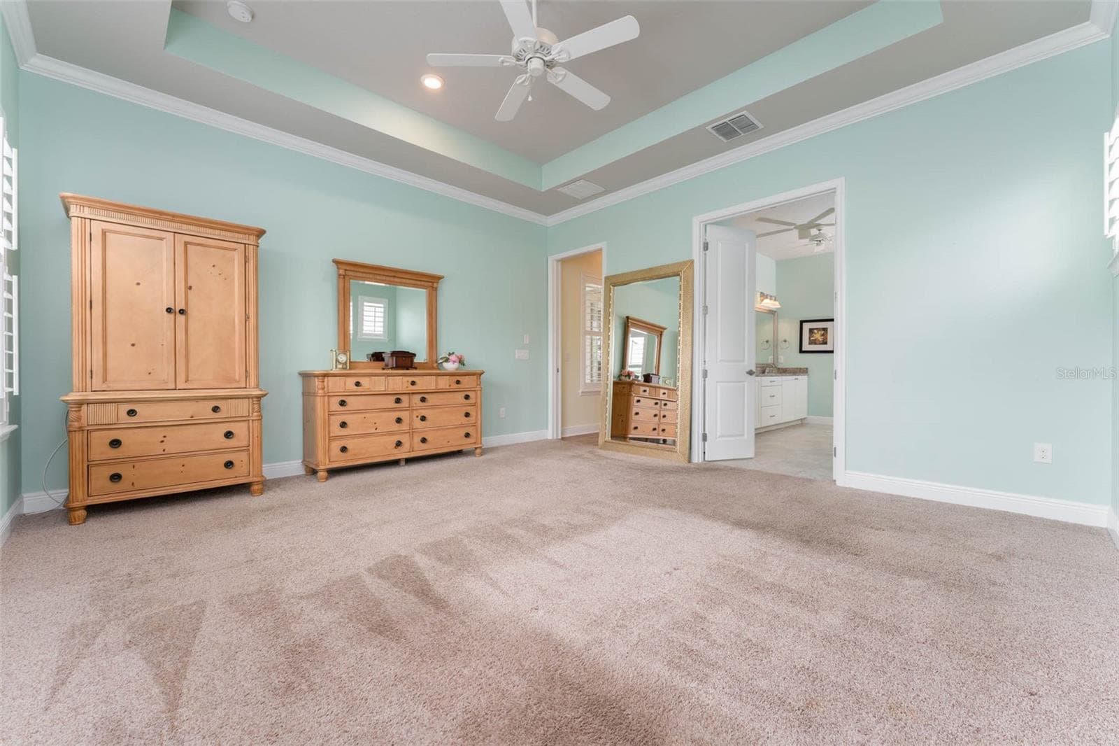 Primary Suite with Tray Ceiling & Wall of Windows Overlooking Private Backyard - 14008 SWALLOW HILL DR, LITHIA