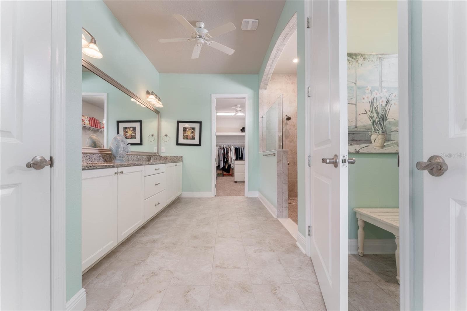 Spa like Primary Bath with Large Walk in Shower, Vanity with Dual Sinks, Granite Tops & Plentiful Cabinetry with Drawers - 14008 SWALLOW HILL DR, LITHIA