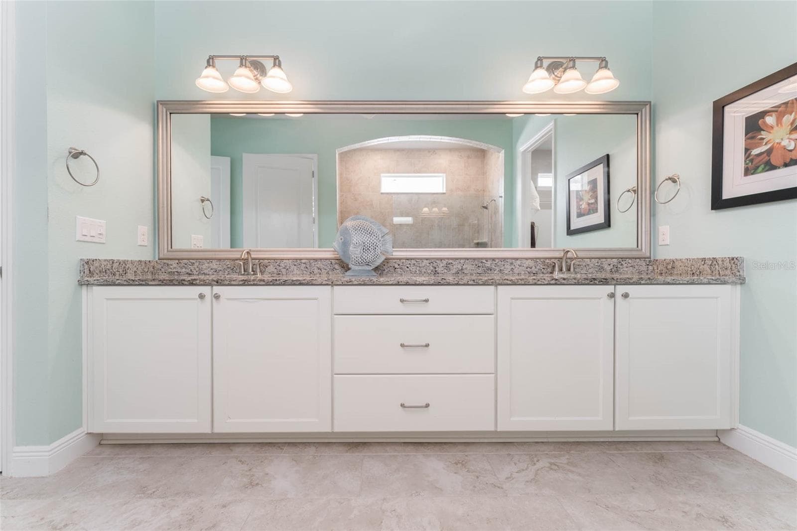 Spa like Primary Bath with Large Walk in Shower, Vanity with Dual Sinks, Granite Tops & Plentiful Cabinetry with Drawers - 14008 SWALLOW HILL DR, LITHIA
