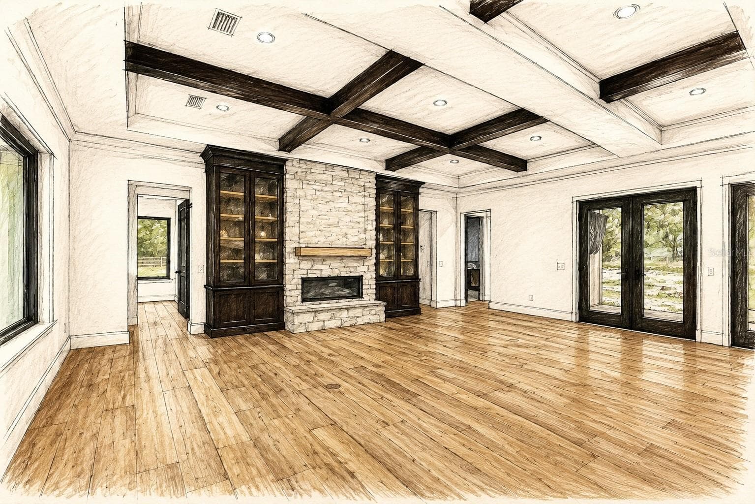 Living room rendering, Custom Lighted cabinets, Fireplace, Tray Ceilings with beams - 1224 NW 143RD ST, NEWBERRY