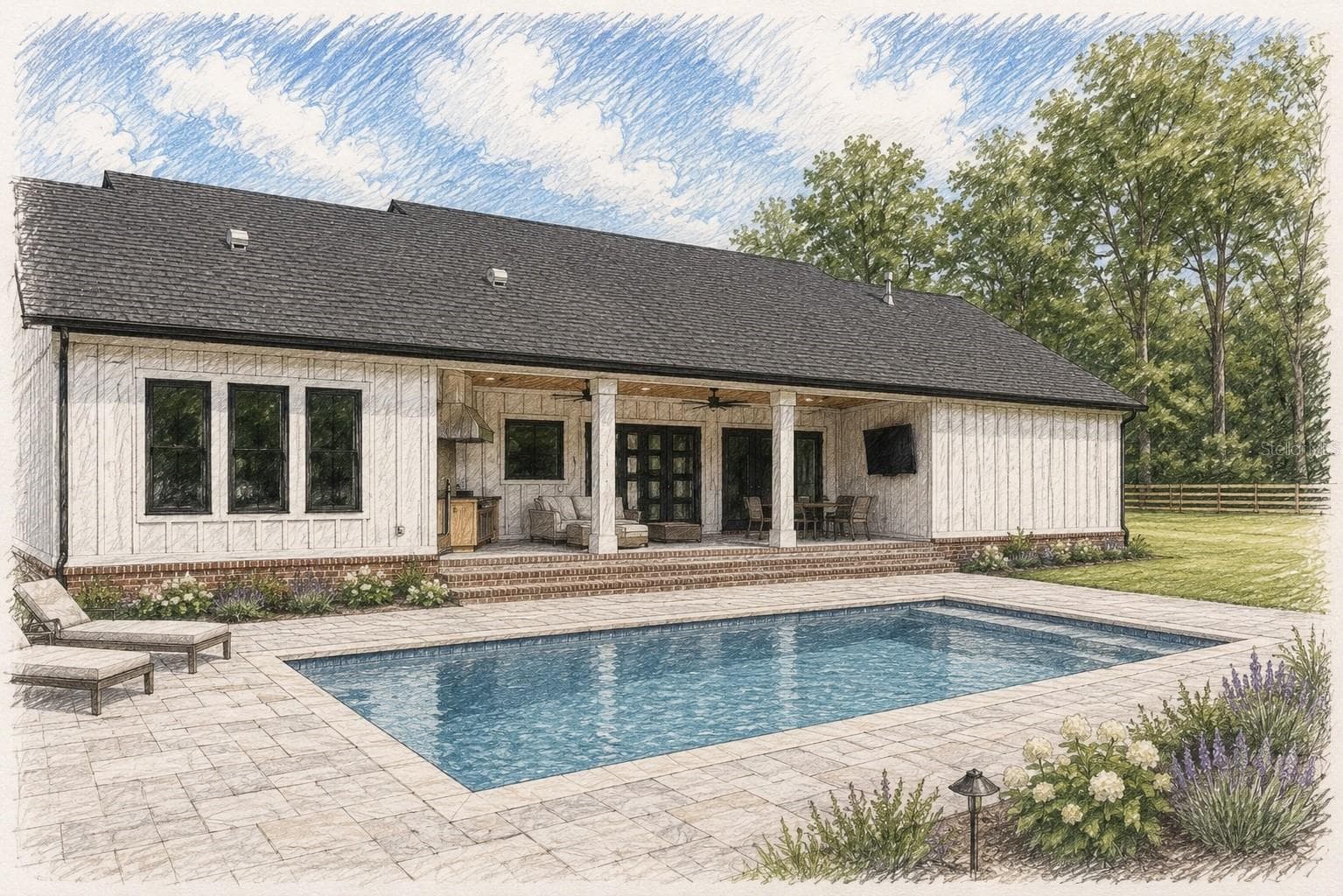 Outdoor Lanai rendering with entertainment and kitchen space with inground pool - 1224 NW 143RD ST, NEWBERRY