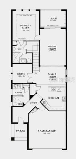 First Floor Plan - Additional Highlights Include: laundry appliance package, GE refrigerator, 8' interior doors, single pocket door into the primary bathroom, and outdoor kitchen rough-in - 823 STEEL DR, APOLLO BEACH