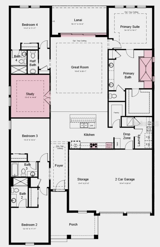 Floor Plan - Additional Highlights Include: Tray ceiling package, whole house 8' interior doors, study in place of flex, deluxe primary bathroom, outdoor kitchen rough-in, cushion close doors and drawers kitchen cabinet package, and whole house blinds. - 12940 HARVEST RAIN AVE, WINTER GARDEN