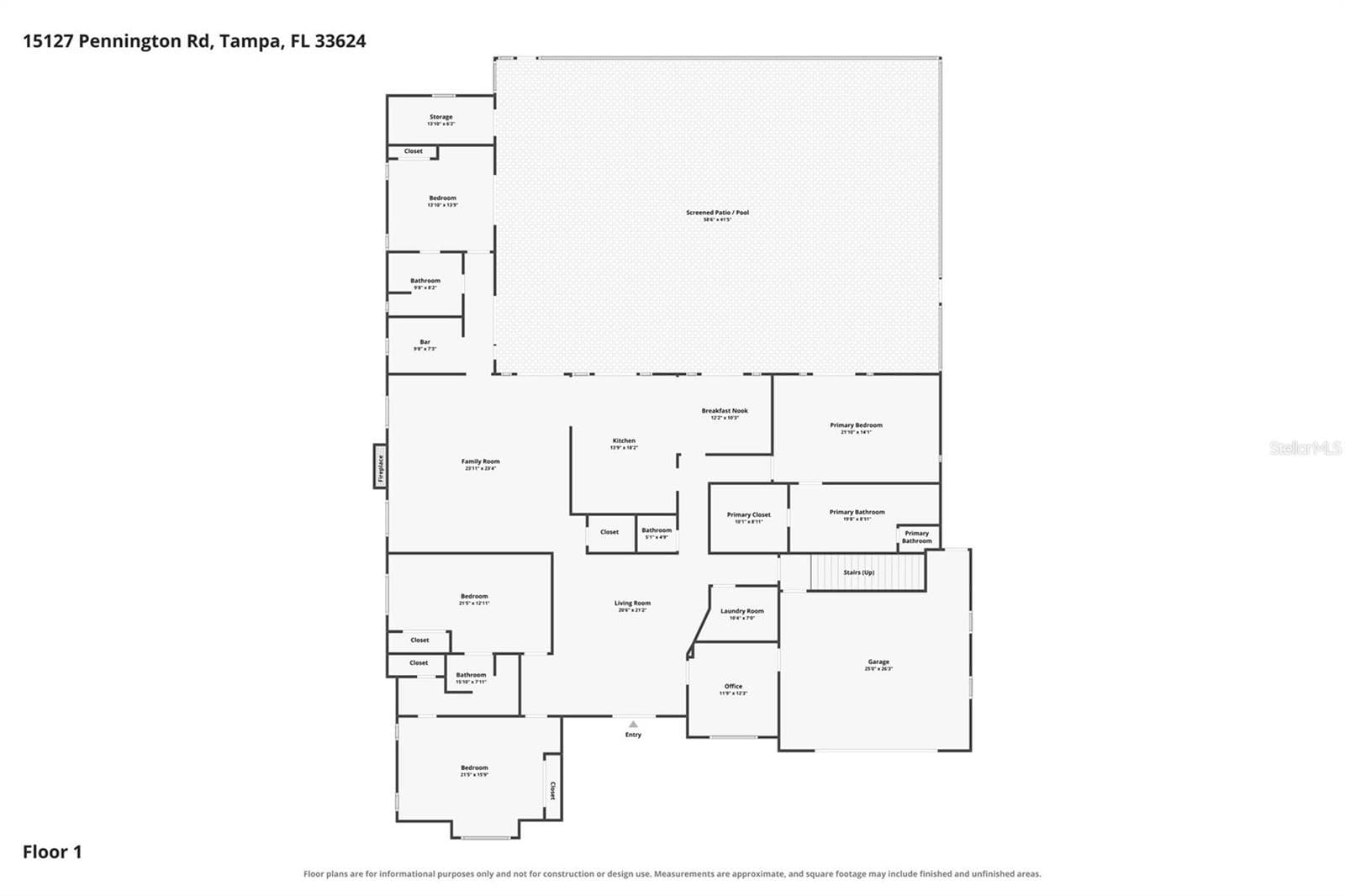 Floor plan with room measurements-main level - 15127 PENNINGTON RD, TAMPA